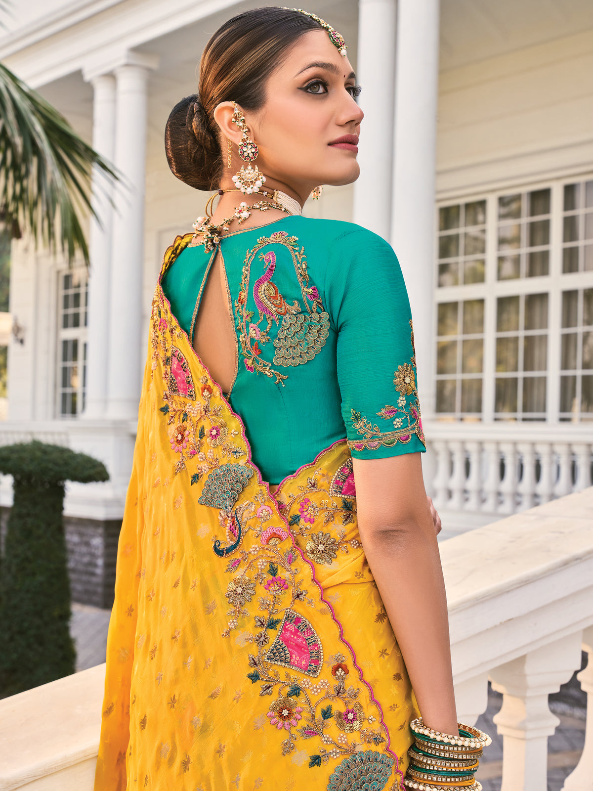 Yellow Natural Crepe Saree With Embroidery Work