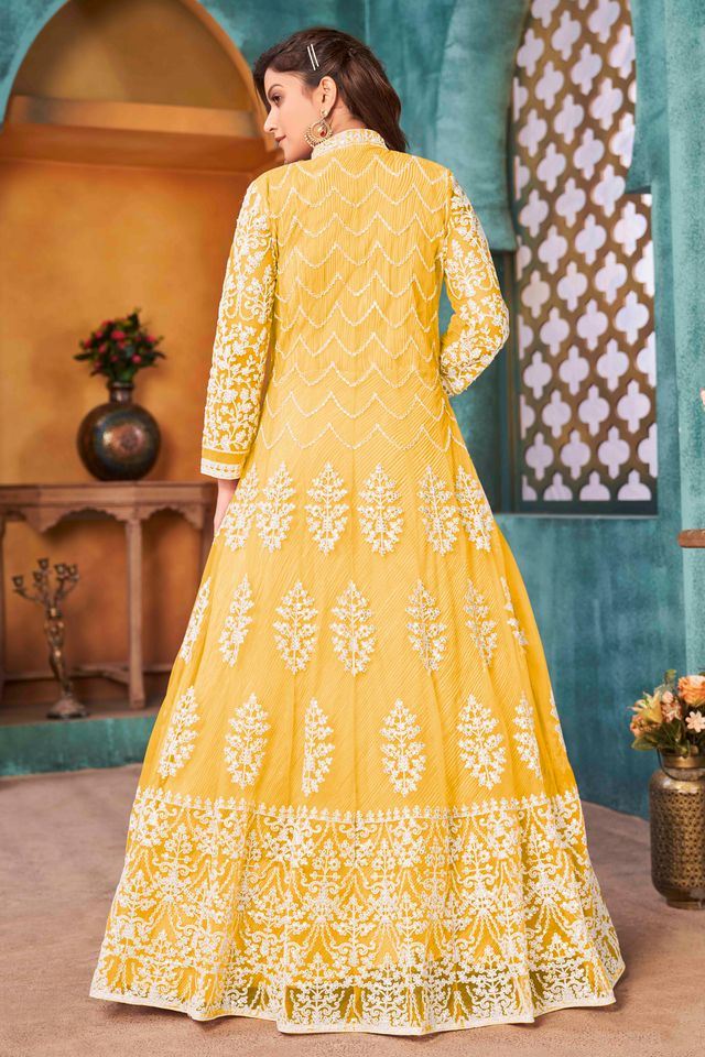 Yellow Net Heavy Thread Embroidery With Sequins Work  Anarkali Suits