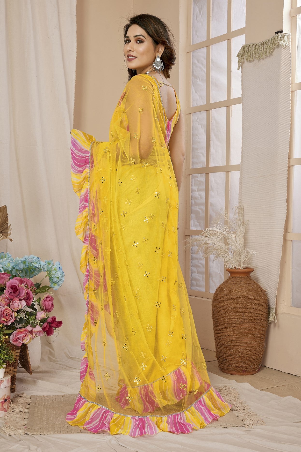 Yellow Net Saree with Mirror Work & Ruffle with Leheriya Blouse