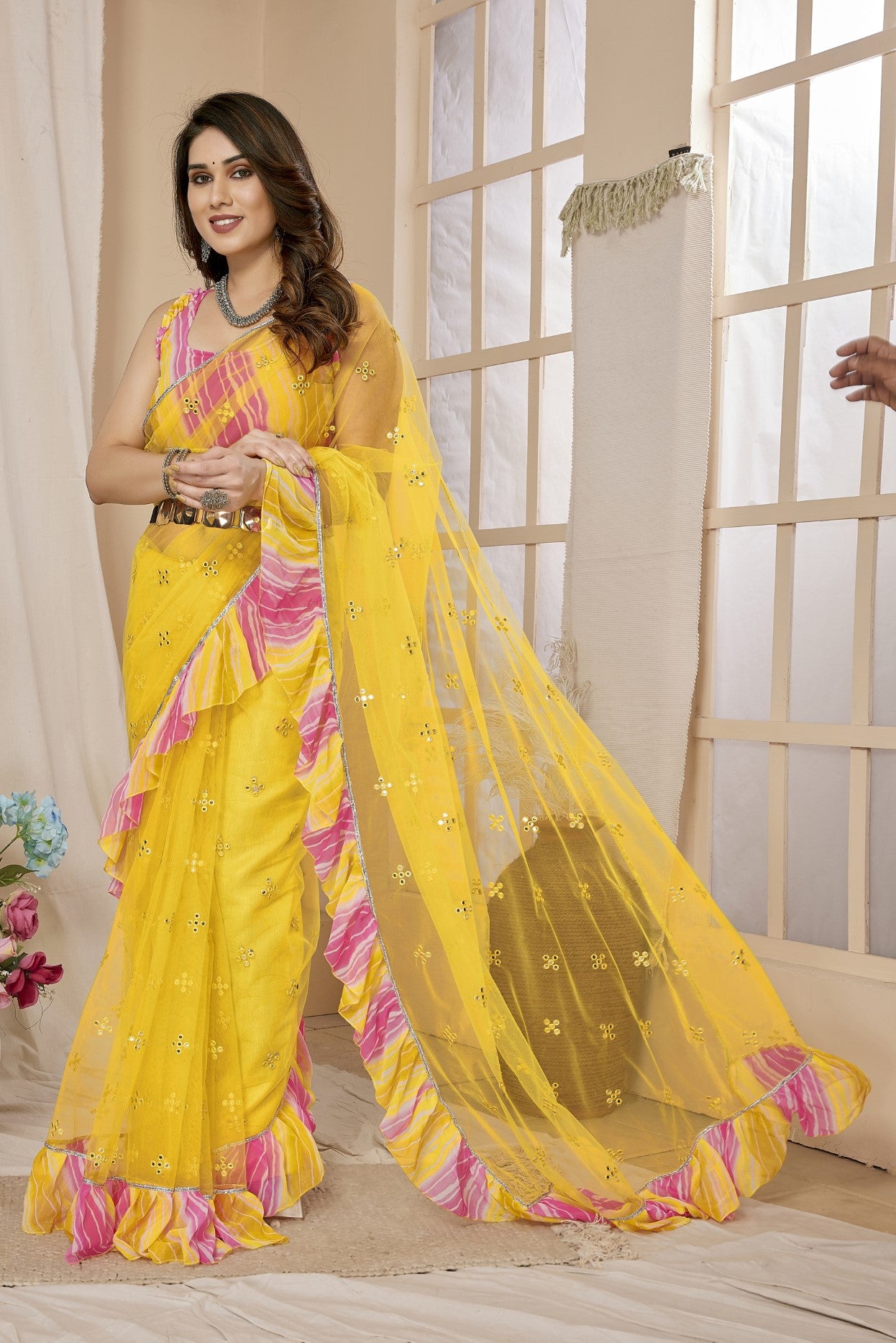Yellow Net Saree with Mirror Work & Ruffle with Leheriya Blouse