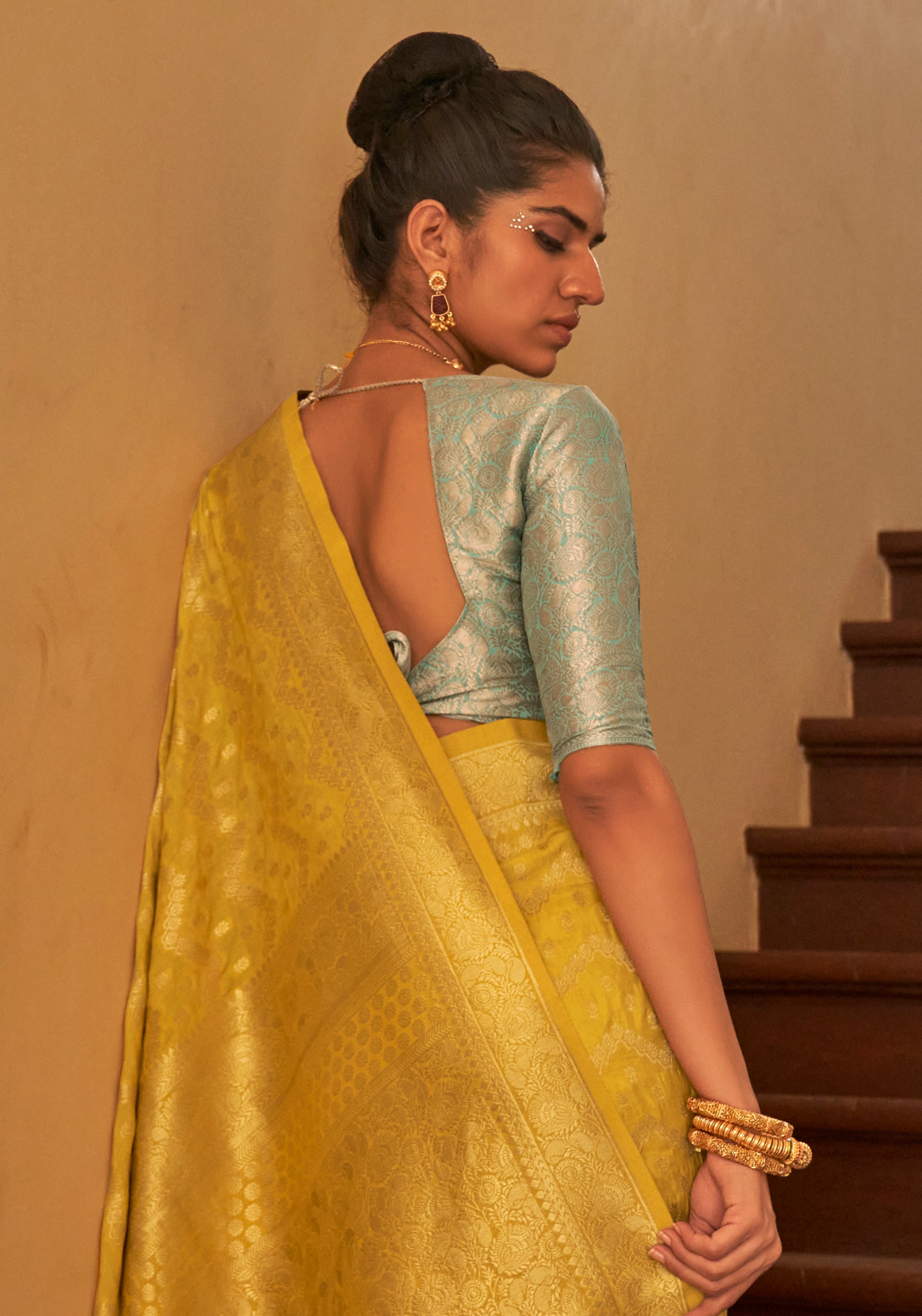 Yellow Nylon Saree With  Jacquard Woven Work