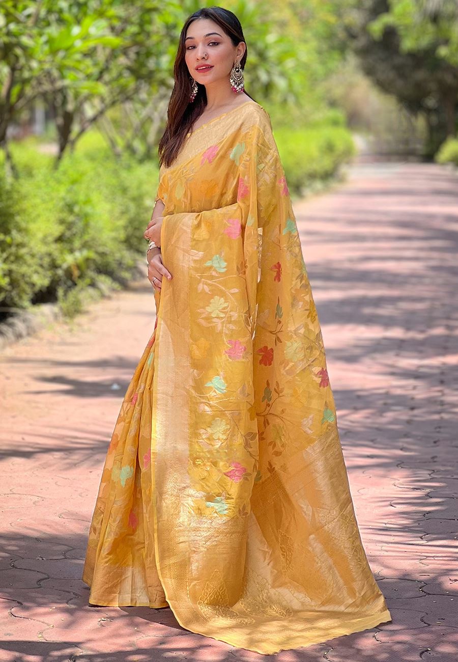 Yellow Organza Saree With Woven Work