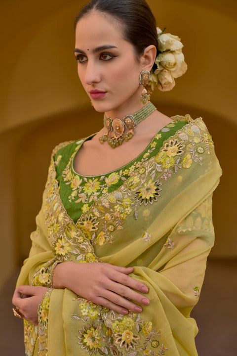 Yellow Organza Silk Saree With  Heavy Thread Embroidery With Sequins Work