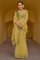 Yellow Organza Silk Saree With  Heavy Thread Embroidery With Sequins Work