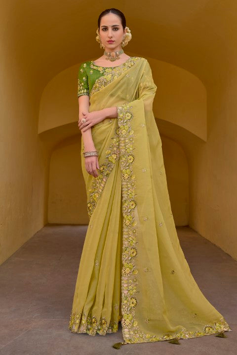 Yellow Organza Silk Saree With  Heavy Thread Embroidery With Sequins Work