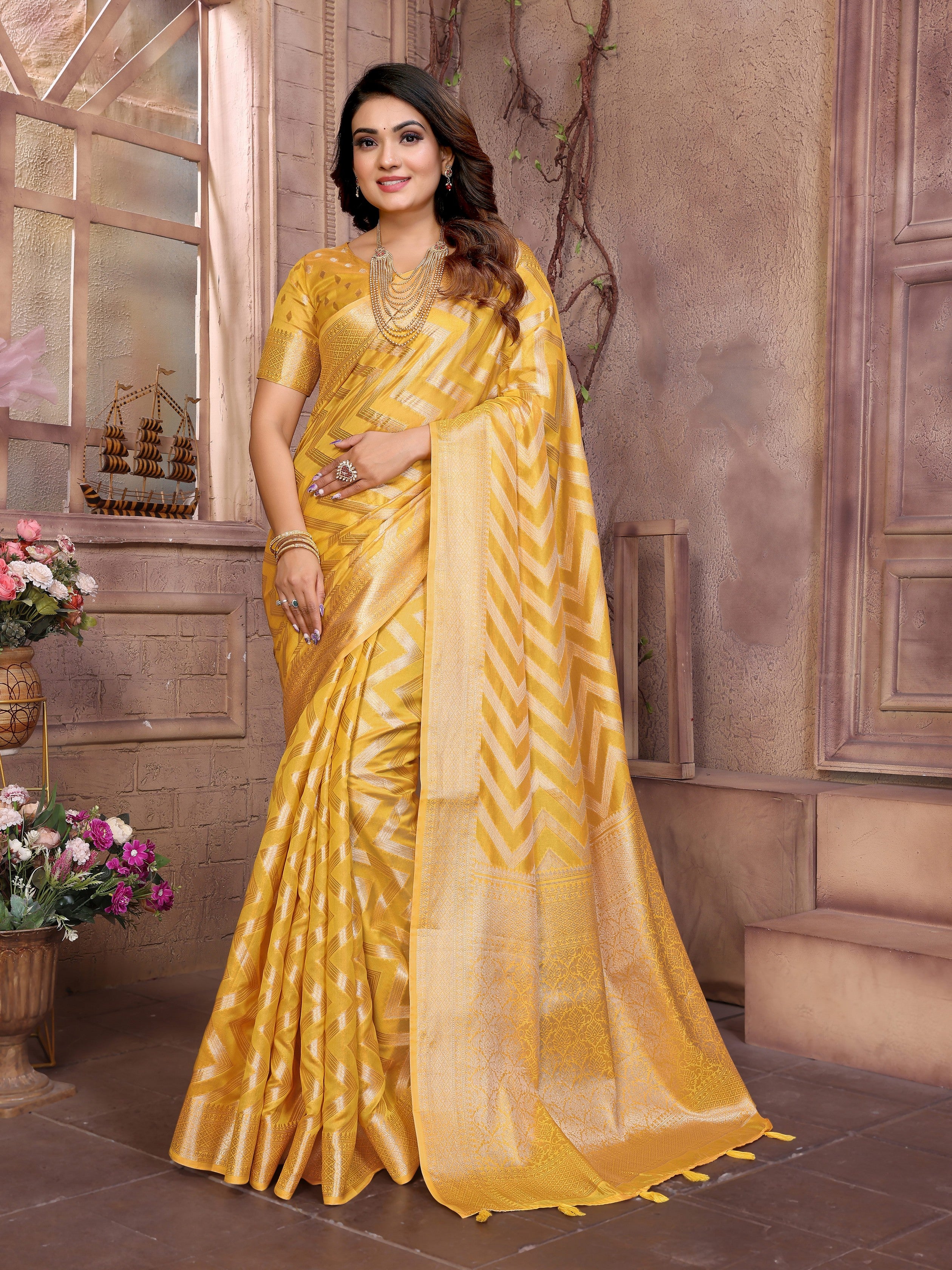 Yellow Organza Woven Jari Designer Heavy Ceremonial Saree