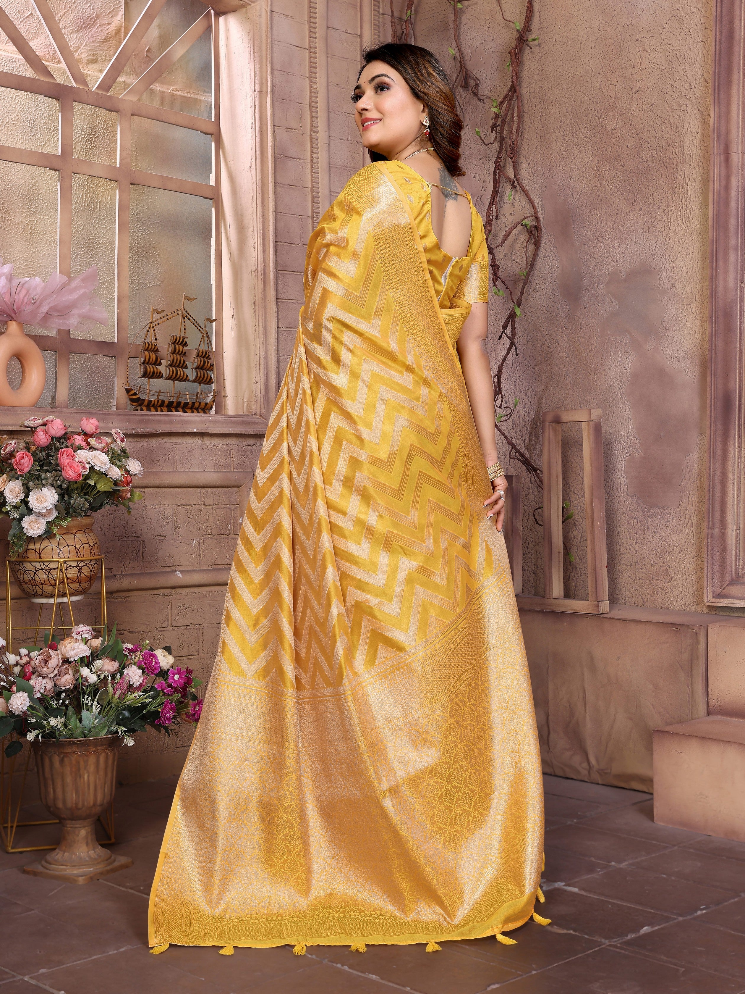 Yellow Organza Woven Jari Designer Heavy Ceremonial Saree