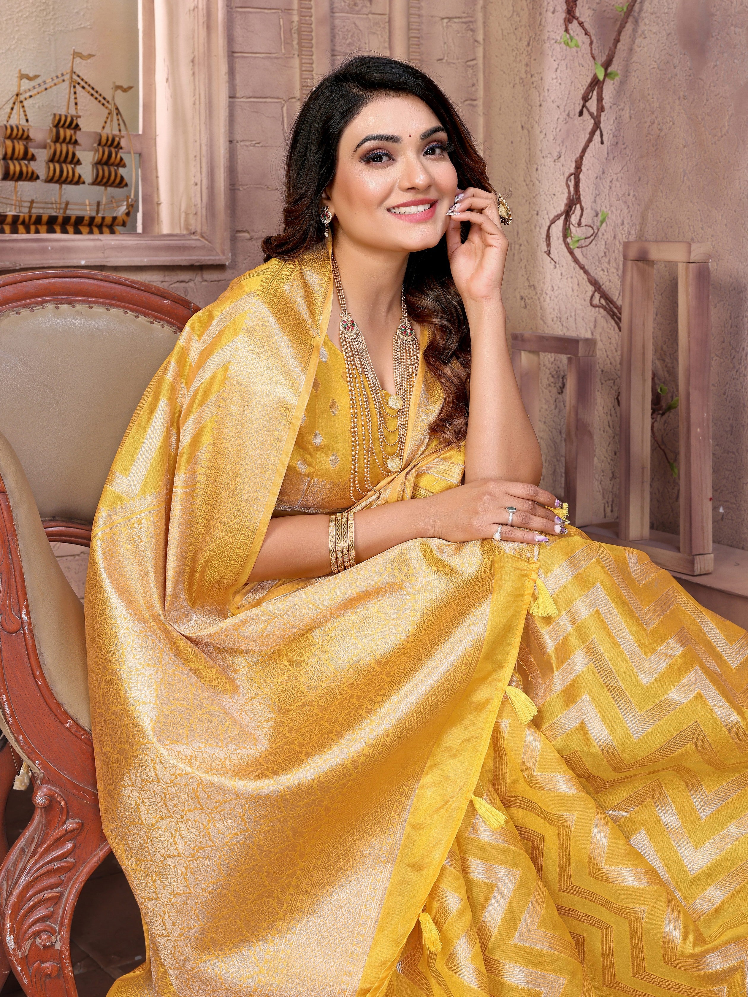 Yellow Organza Woven Jari Designer Heavy Ceremonial Saree