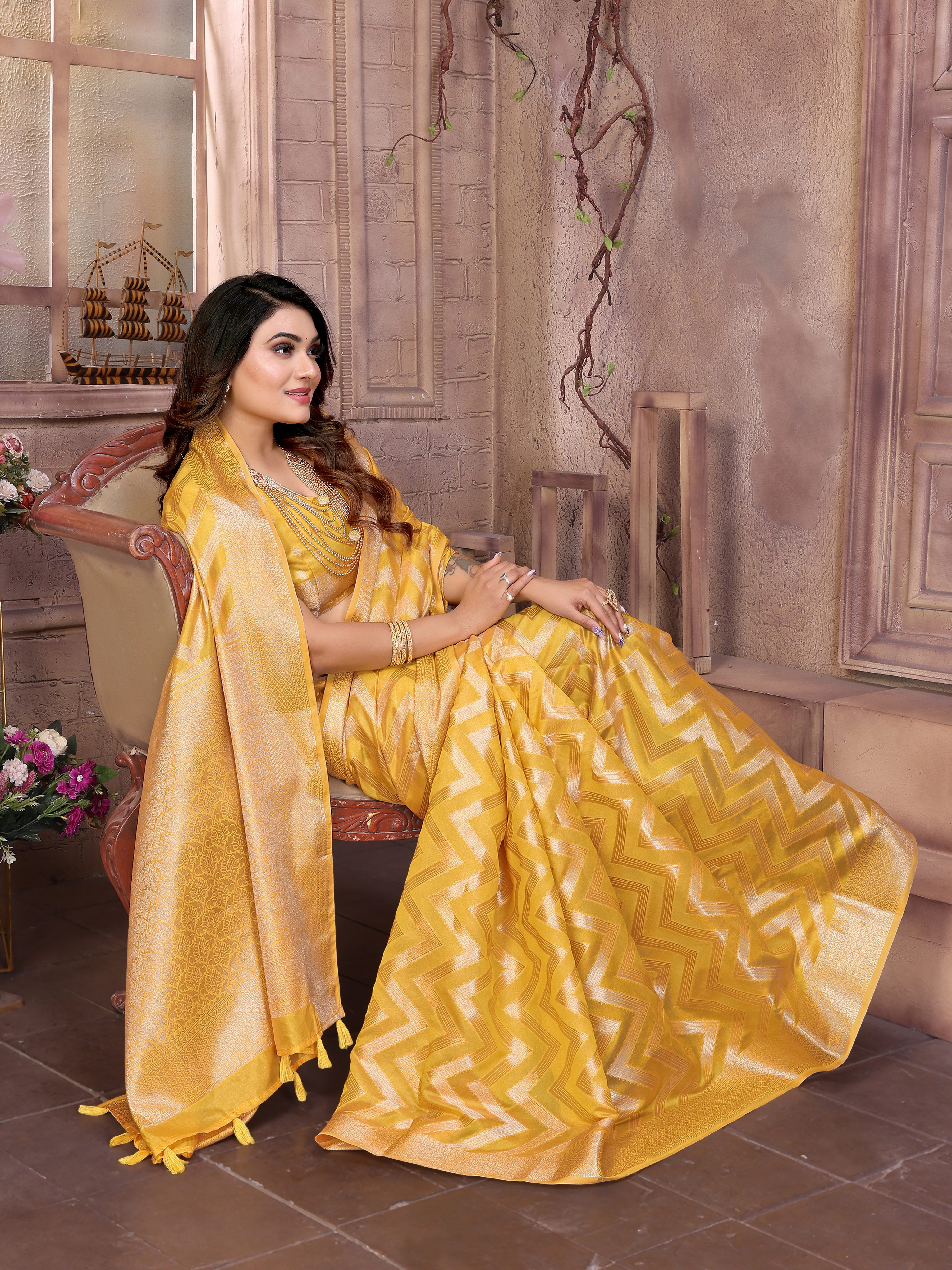 Yellow Organza Woven Jari Designer Heavy Ceremonial Saree