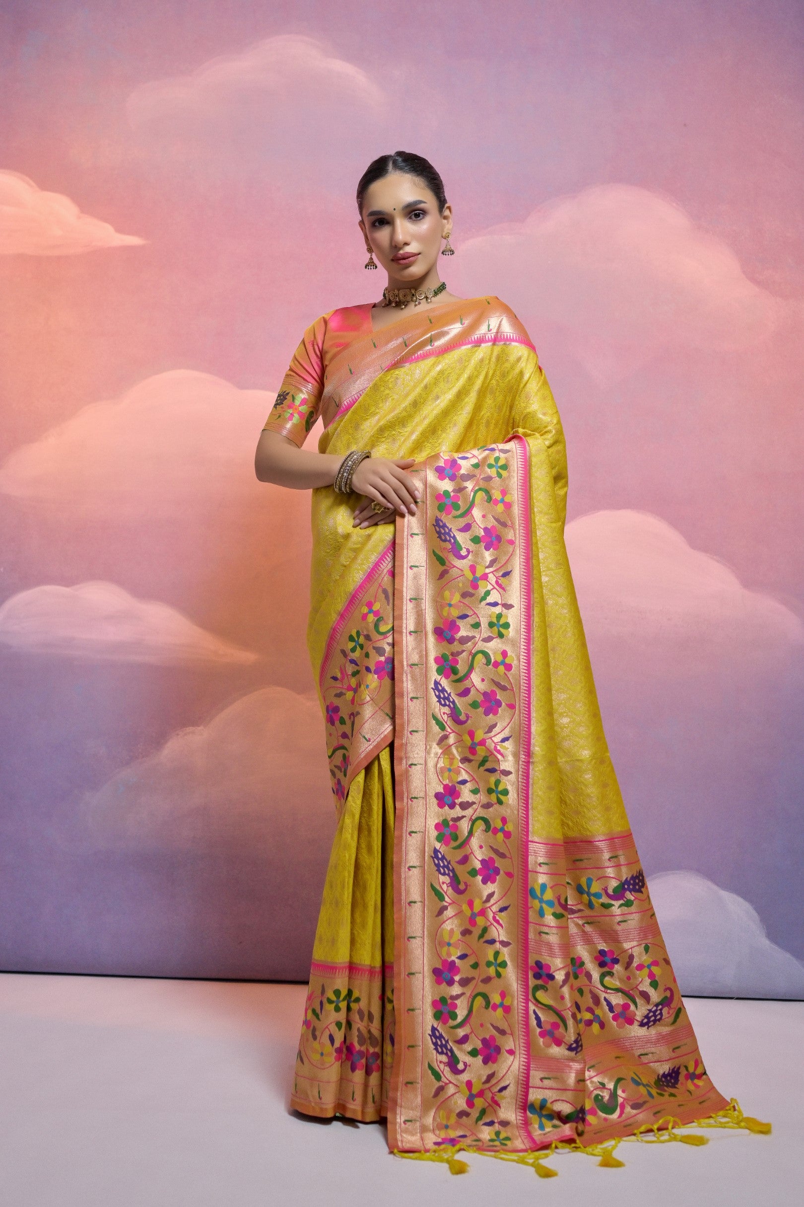 Yellow Paithani Silk Saree with Meenakari Border and Zari Weaves