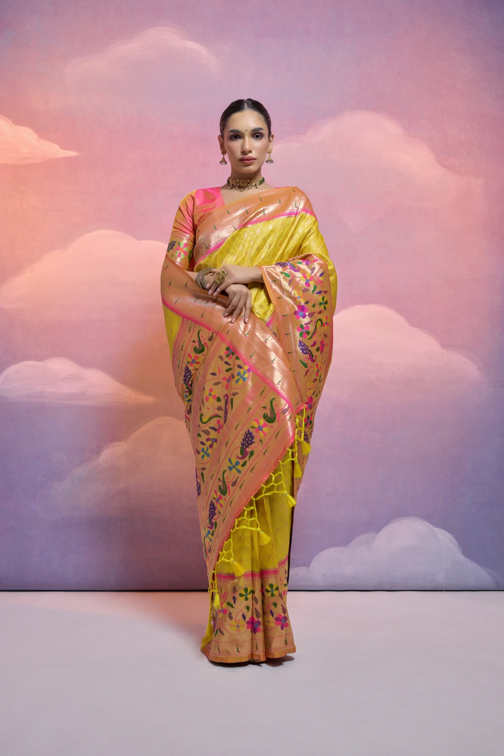 Yellow Paithani Silk Saree with Meenakari Border and Zari Weaves