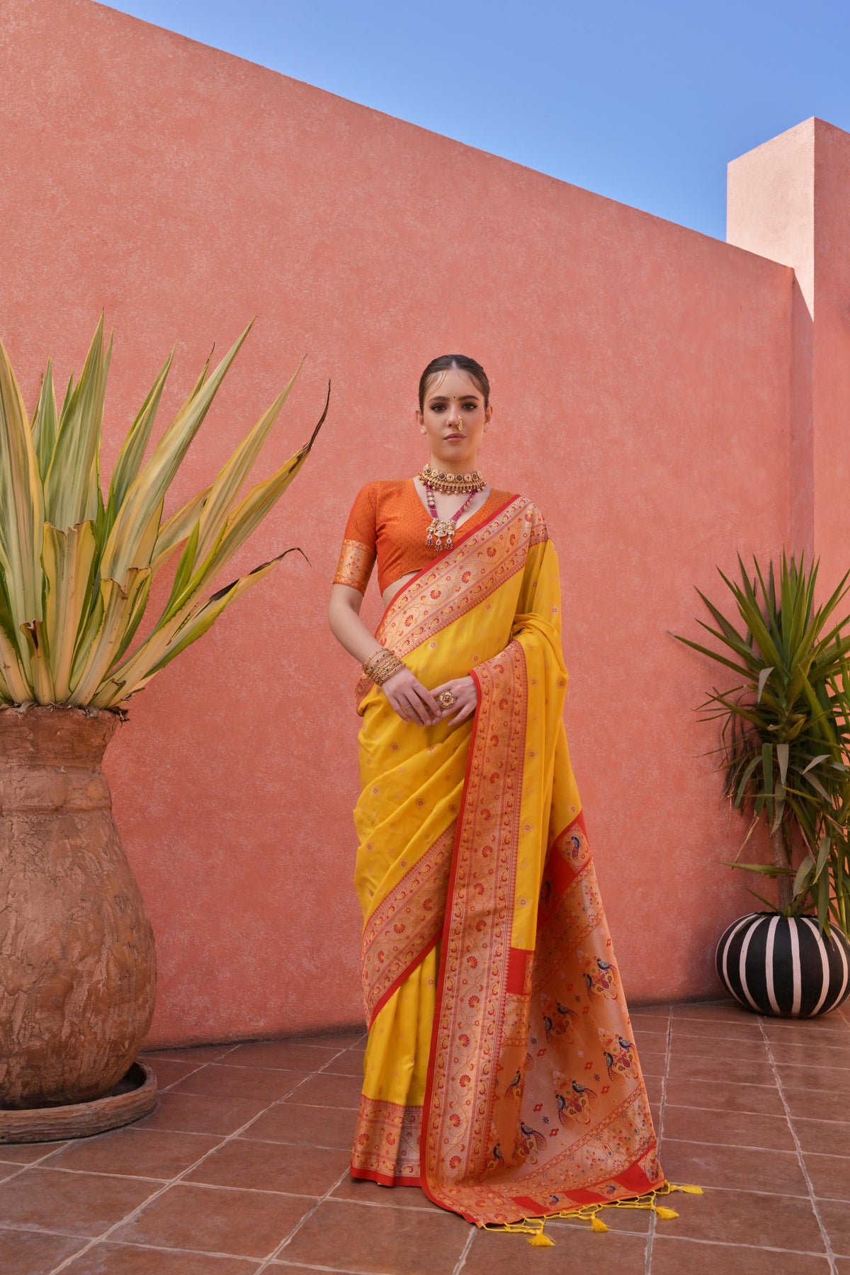 Yellow Paithani Silk Saree with Paithani Pallu and Zari Butti