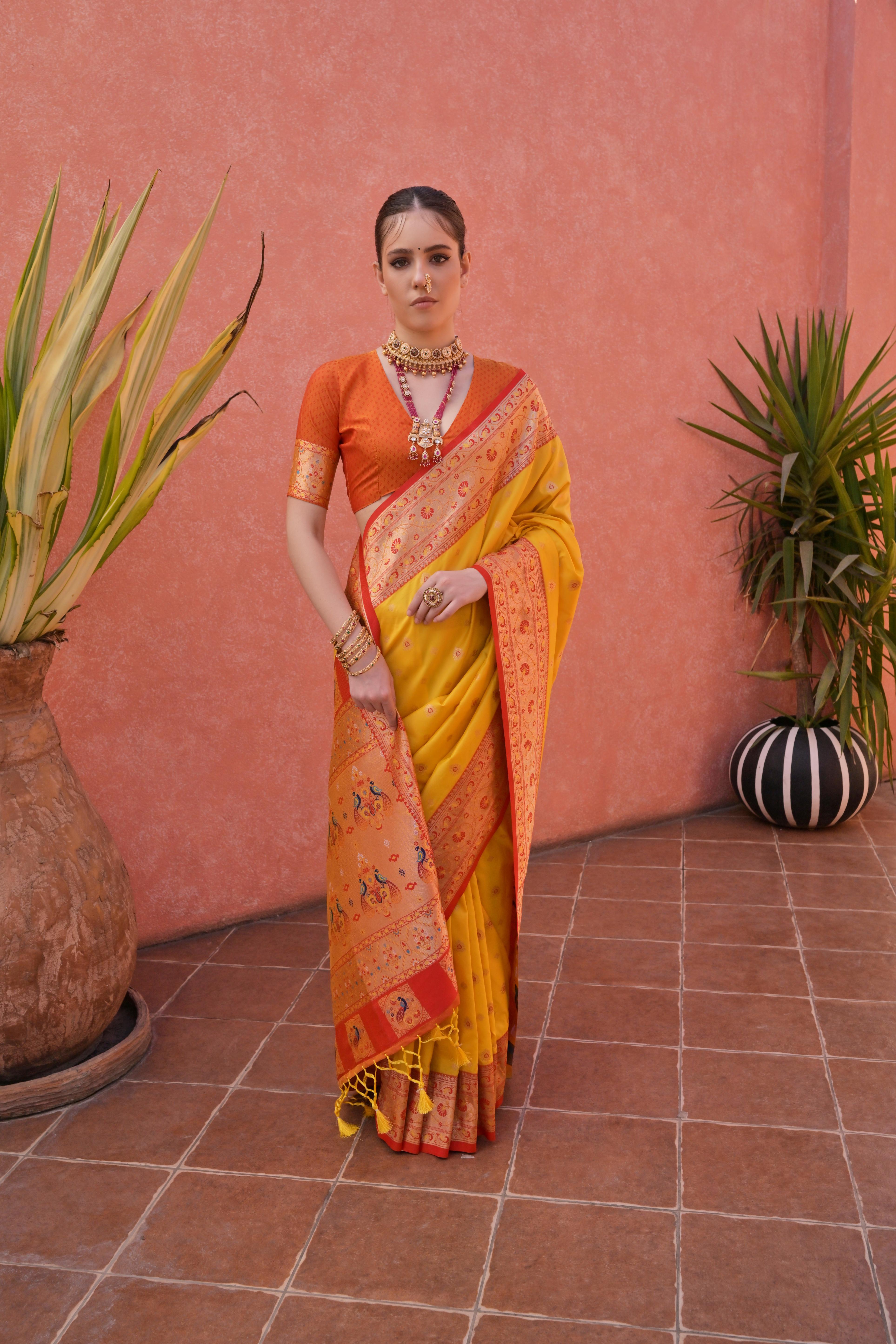 Yellow Paithani Silk Saree with Paithani Pallu and Zari Butti