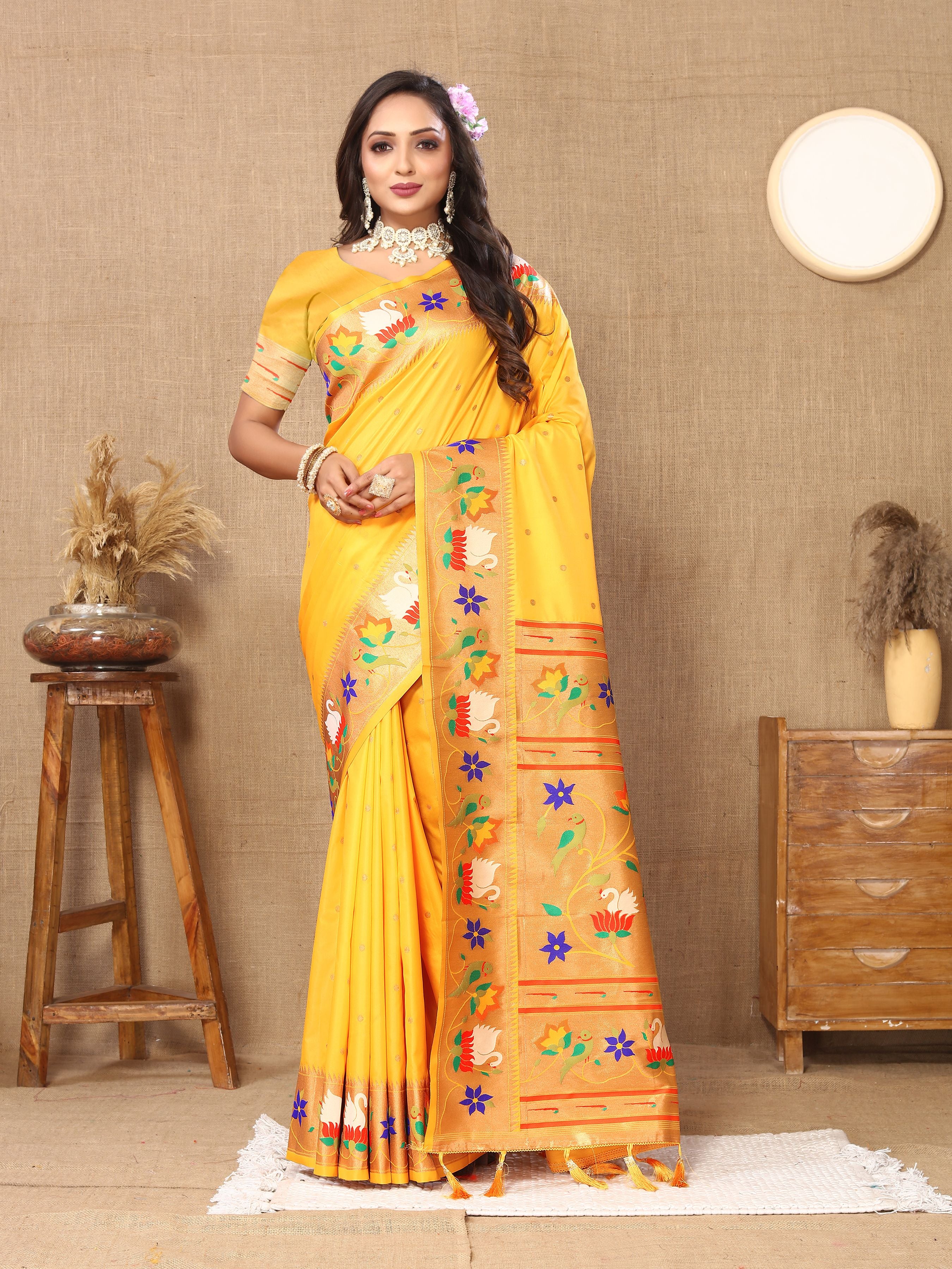 Yellow Paithani Silk Woven Meenakari Paithani Designer Ethnic Heavy Looks Saree