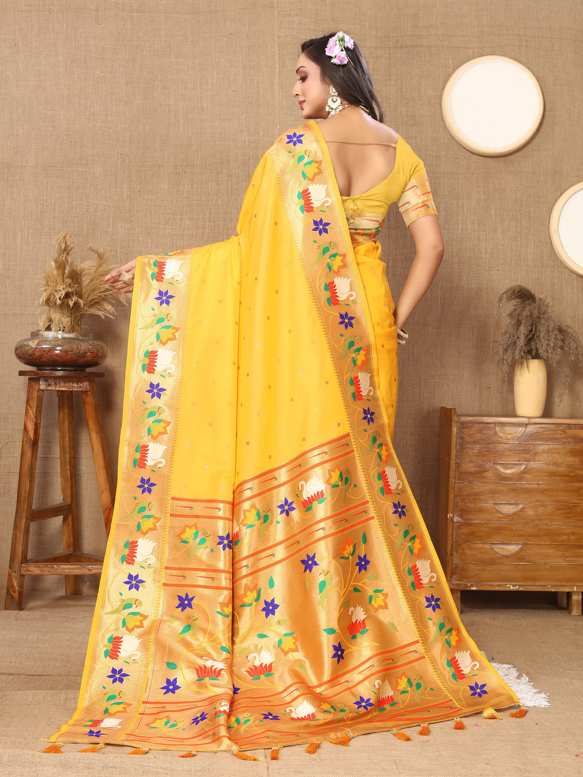 Yellow Paithani Silk Woven Meenakari Paithani Designer Ethnic Heavy Looks Saree