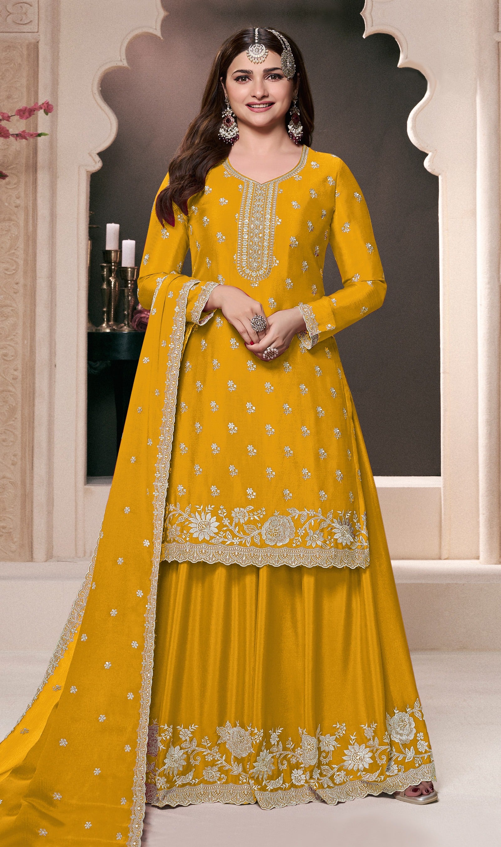 Yellow Palazzo Style Salwar Suit With Heavy Embroidery Work