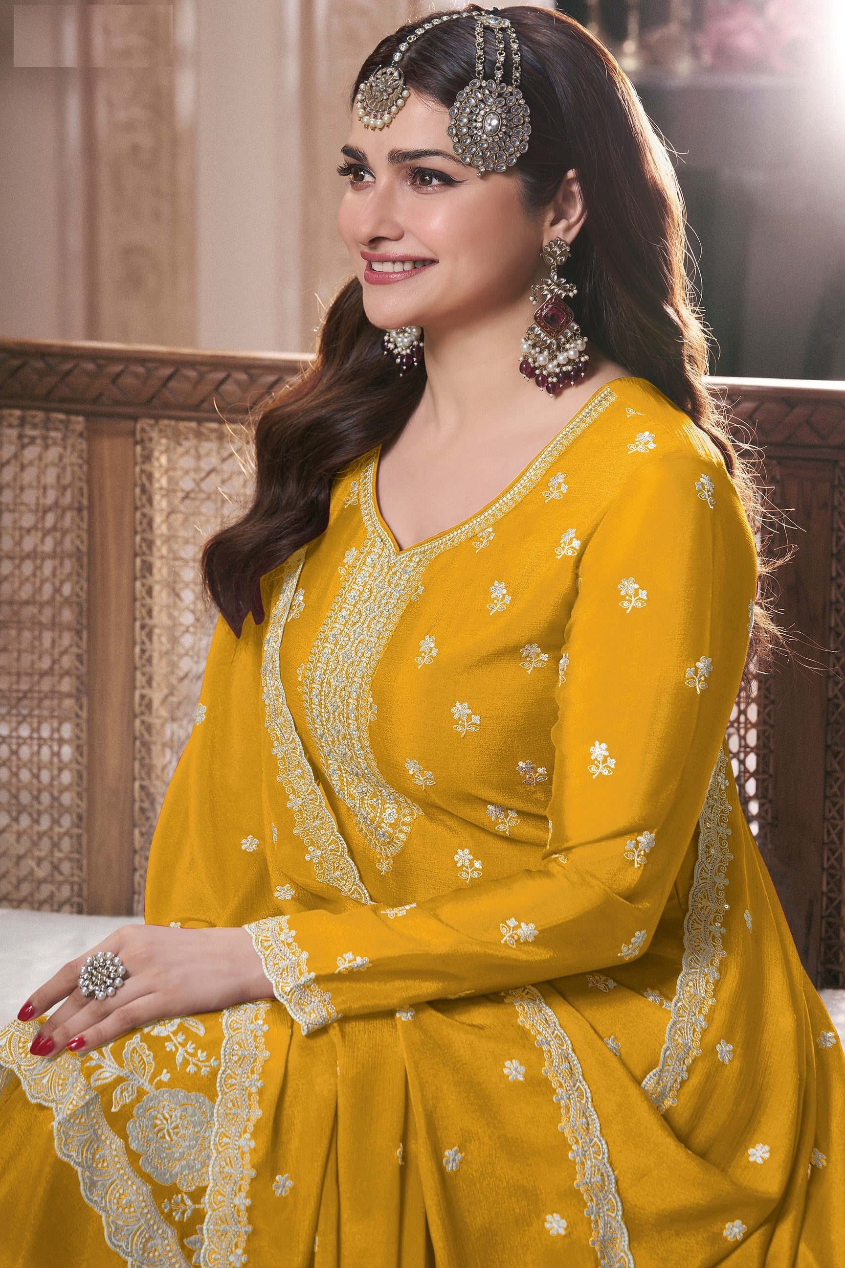 Yellow Palazzo Style Salwar Suit With Heavy Embroidery Work