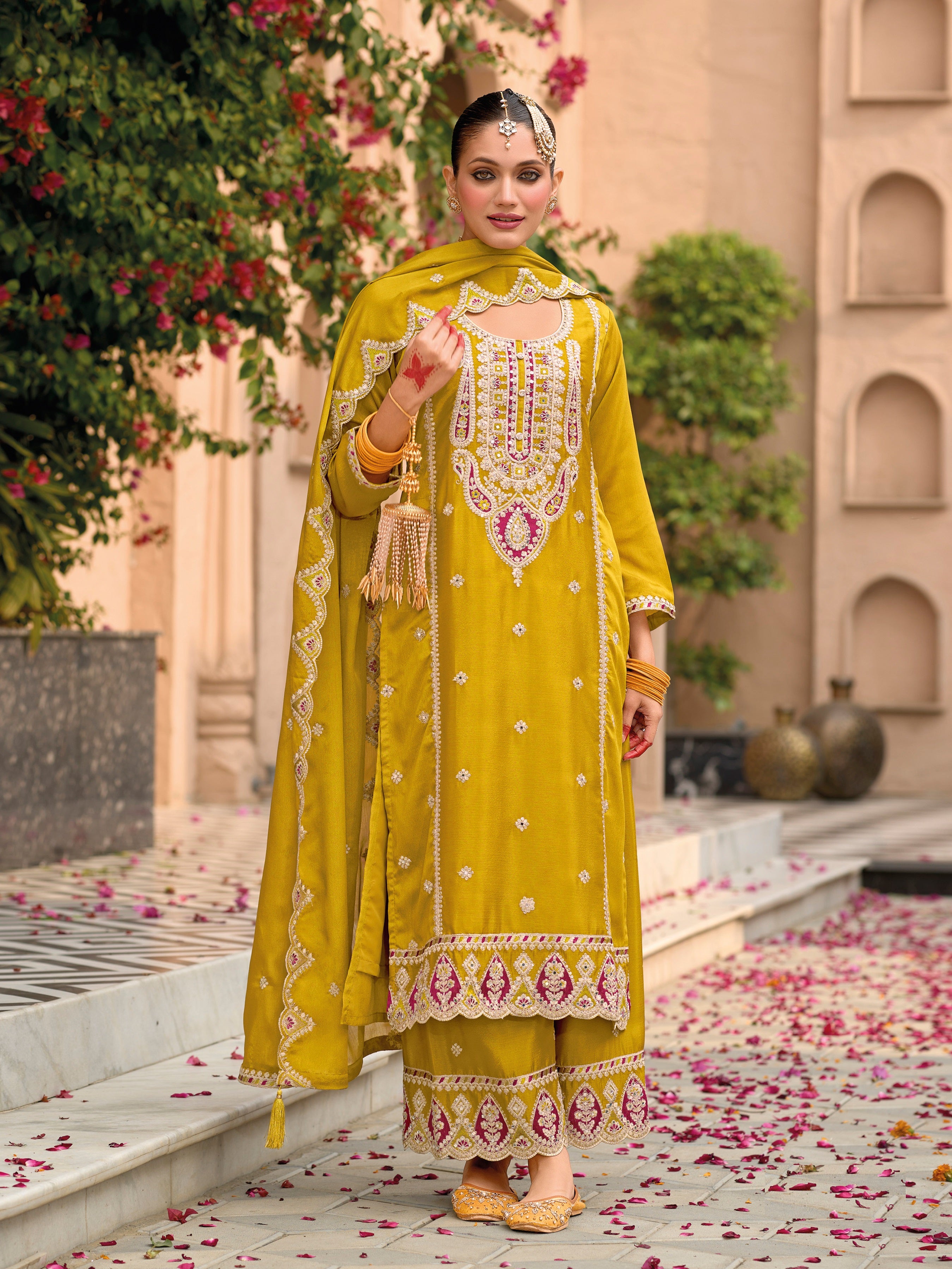 Yellow Palazzo Style Salwar Suit With Heavy Embroidery Work