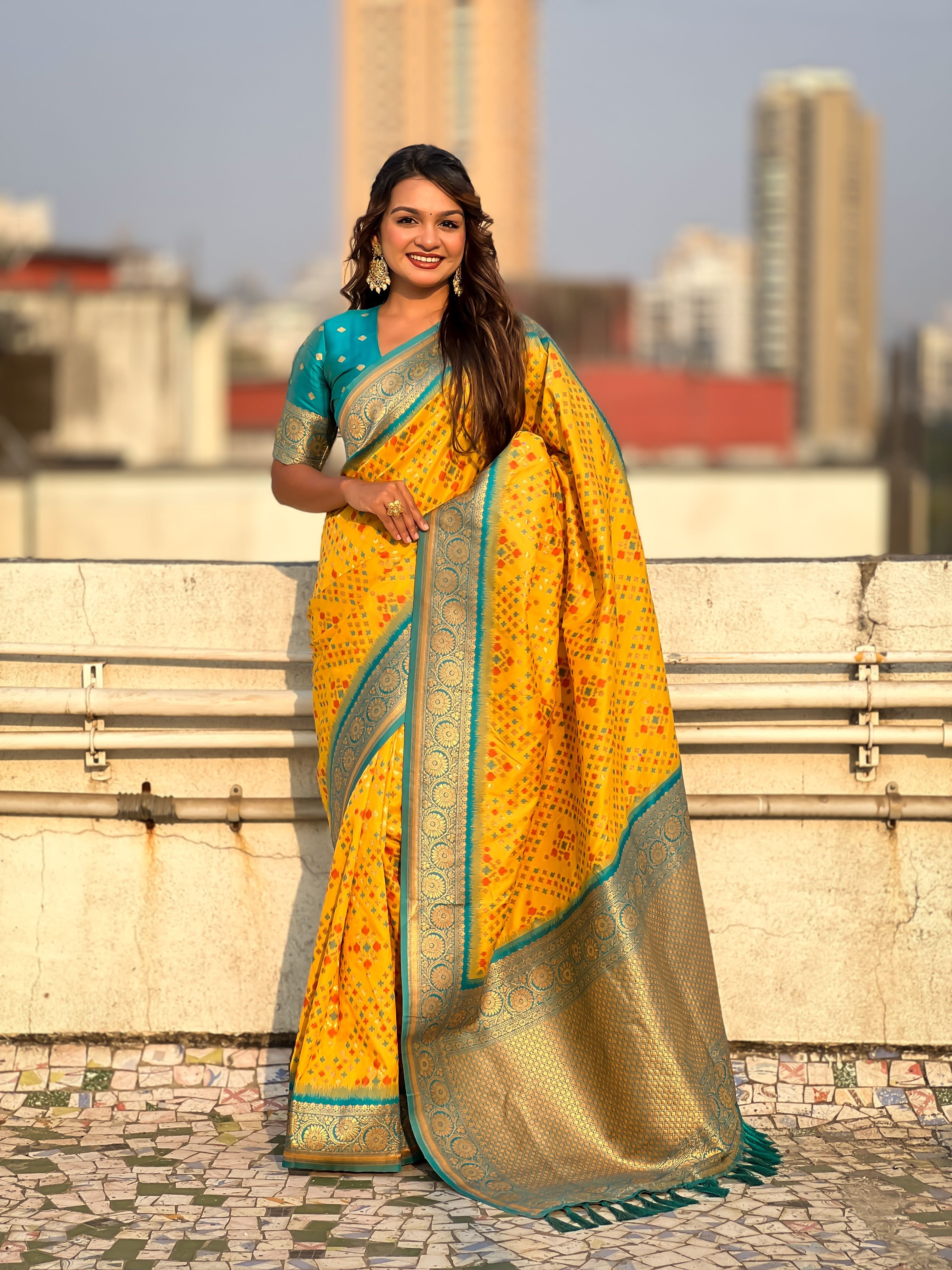 Yellow Patola Silk Weaving Ikkat Meenakari Designer Graceful Ceremonial Saree