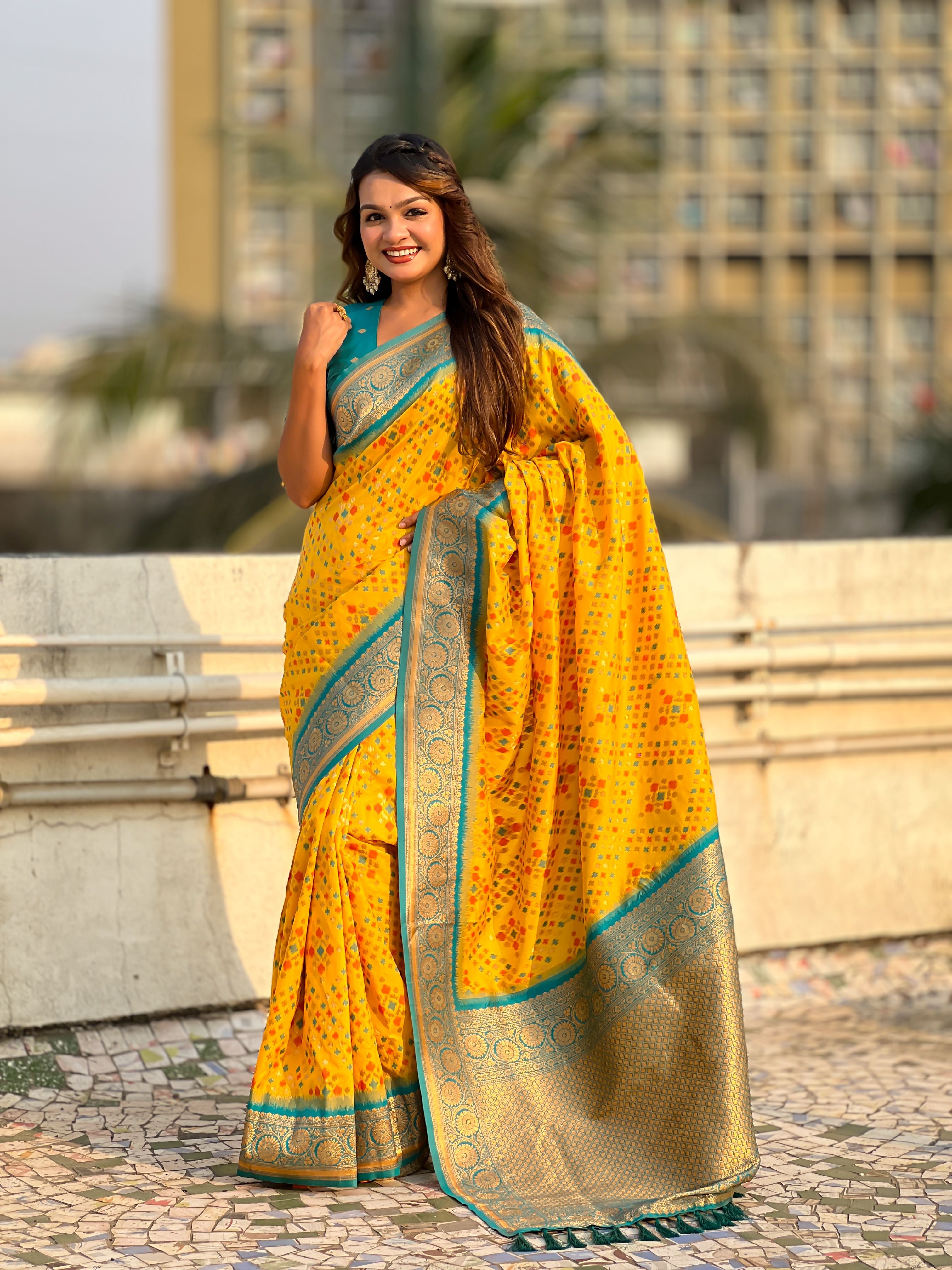 Yellow Patola Silk Weaving Ikkat Meenakari Designer Graceful Ceremonial Saree