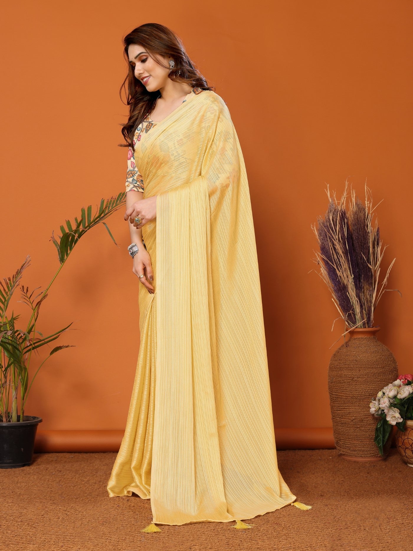 Yellow Polyester Zari Saree With Plain Saree With Kalamkari Print Blouse