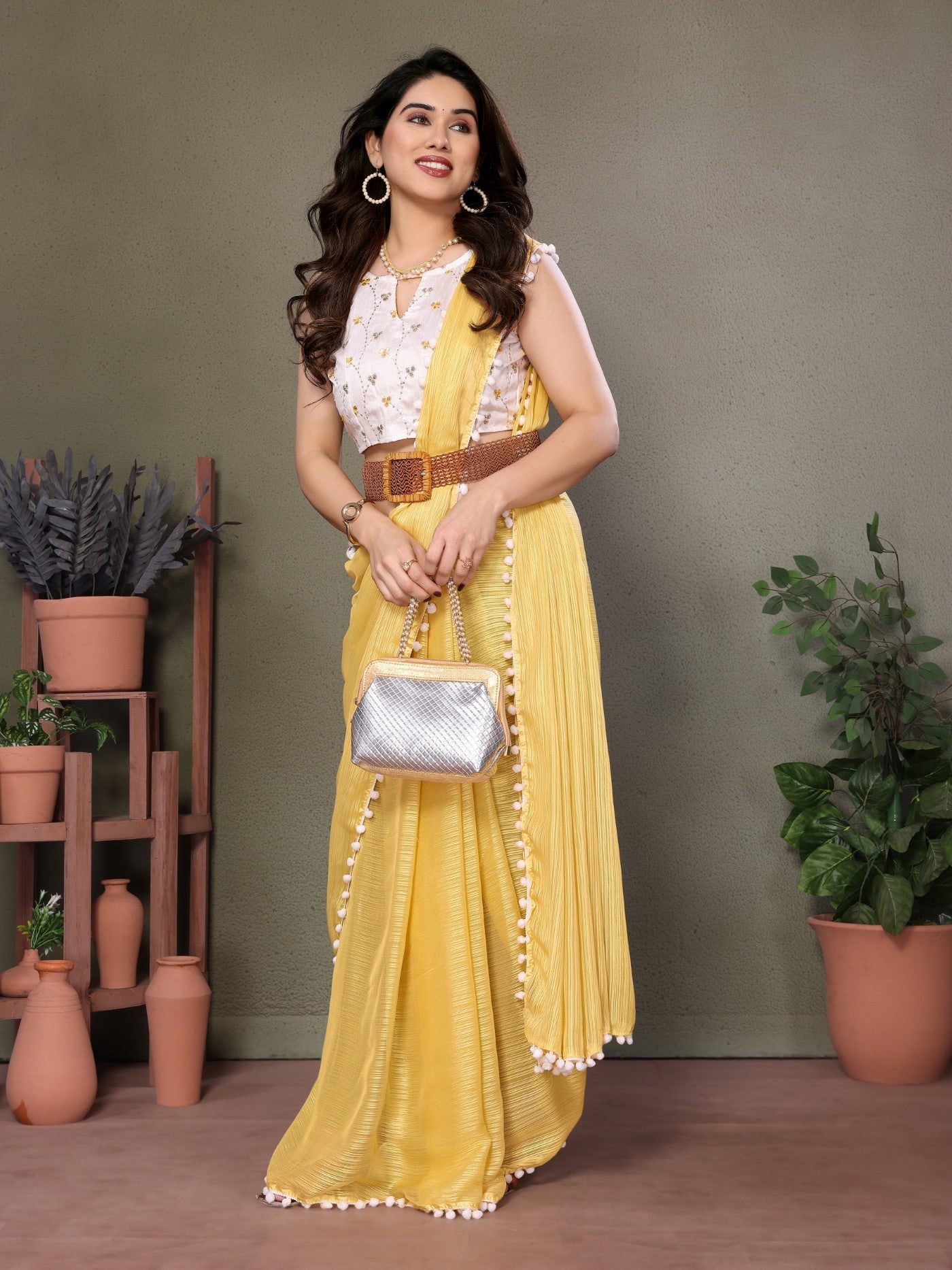 Yellow Polyester Zari Saree with Embroidery Work Blouse & Pom-Pom Lace