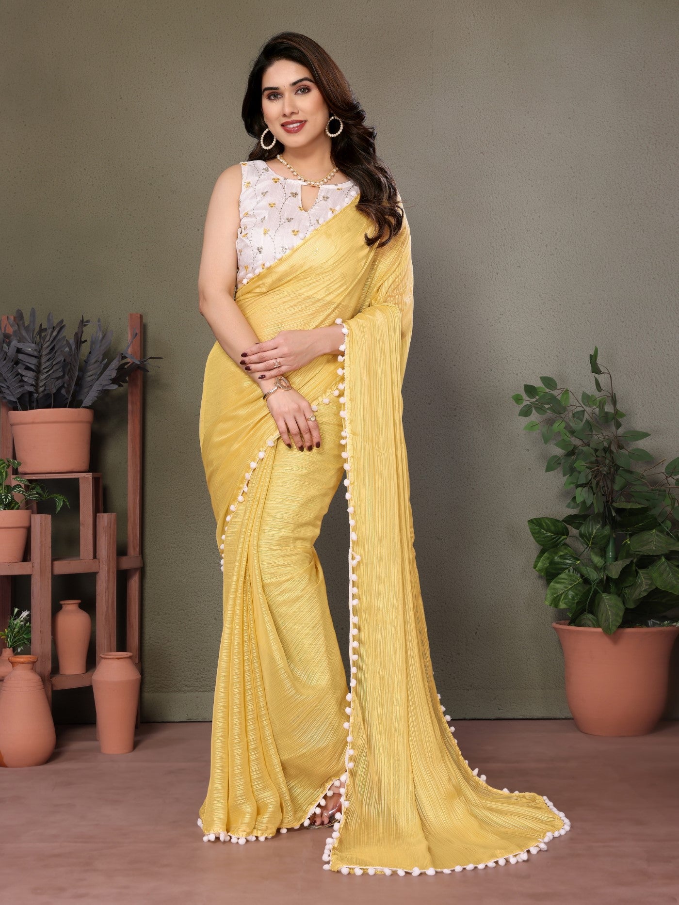 Yellow Polyester Zari Saree with Embroidery Work Blouse & Pom-Pom Lace