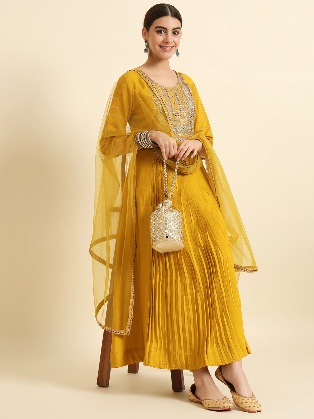Yellow Pure Chanderi Silk Elegant Kurta Pant Set With Embroidery Work