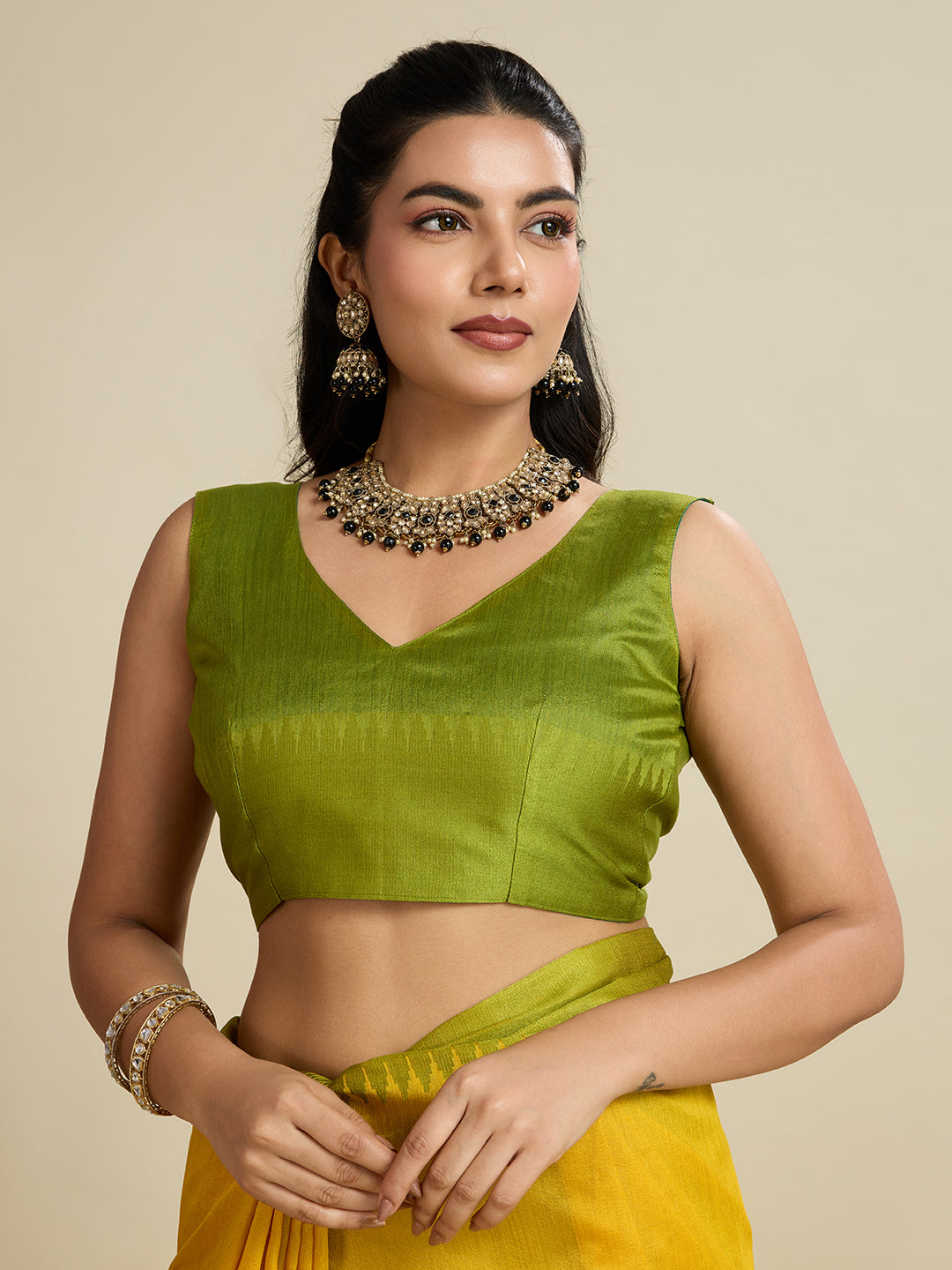 Yellow Raw Silk Saree with Temple Border and Striped Pallu