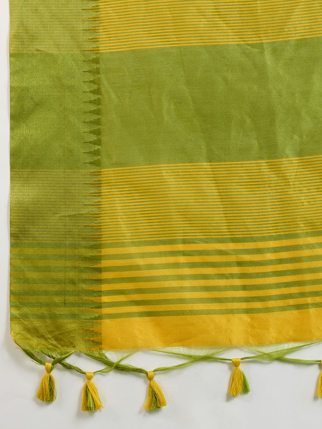 Yellow Raw Silk Saree with Temple Border and Striped Pallu