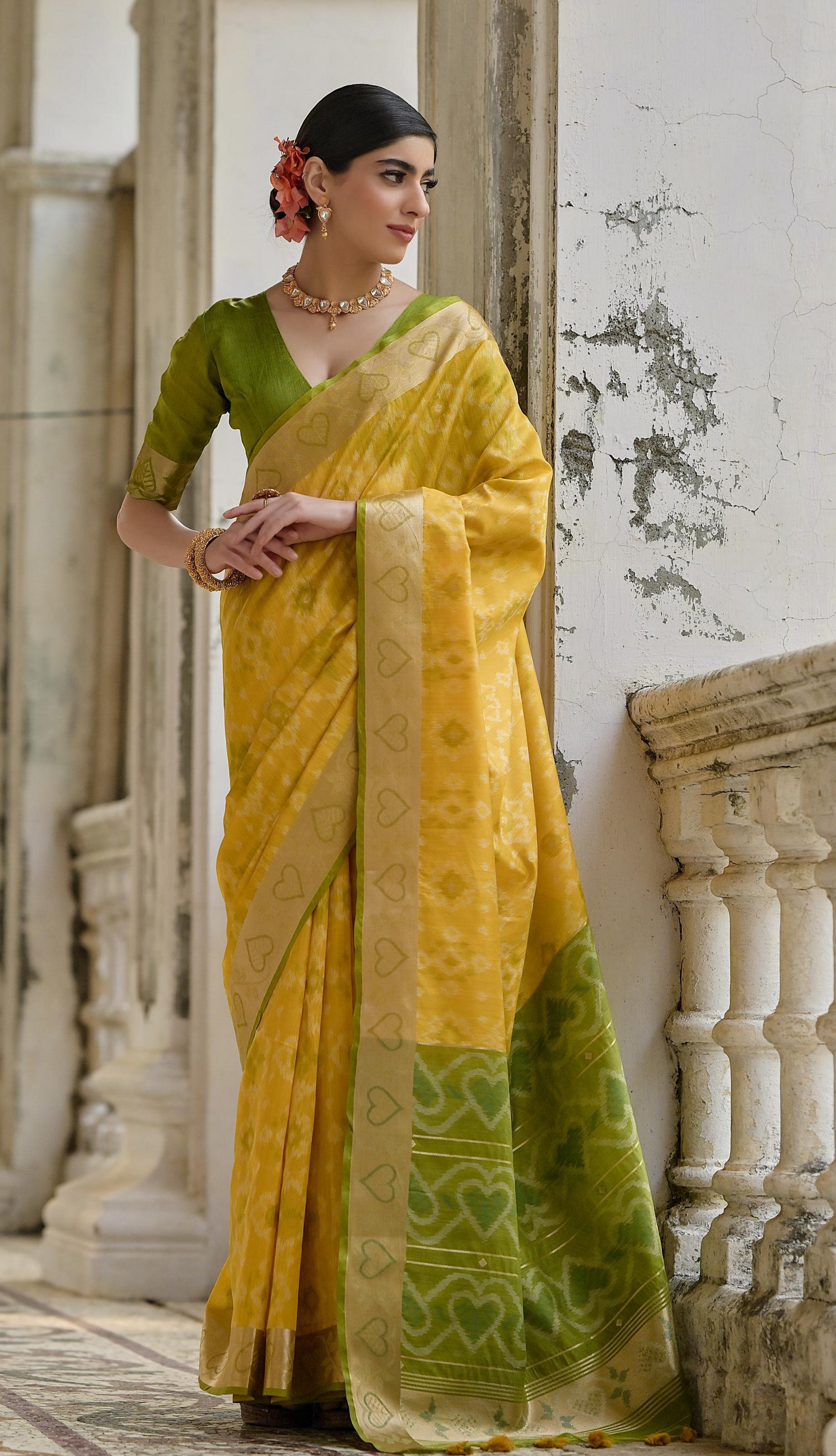 Yellow Raw Silk Woven Ikat Designer Ceremonial Saree