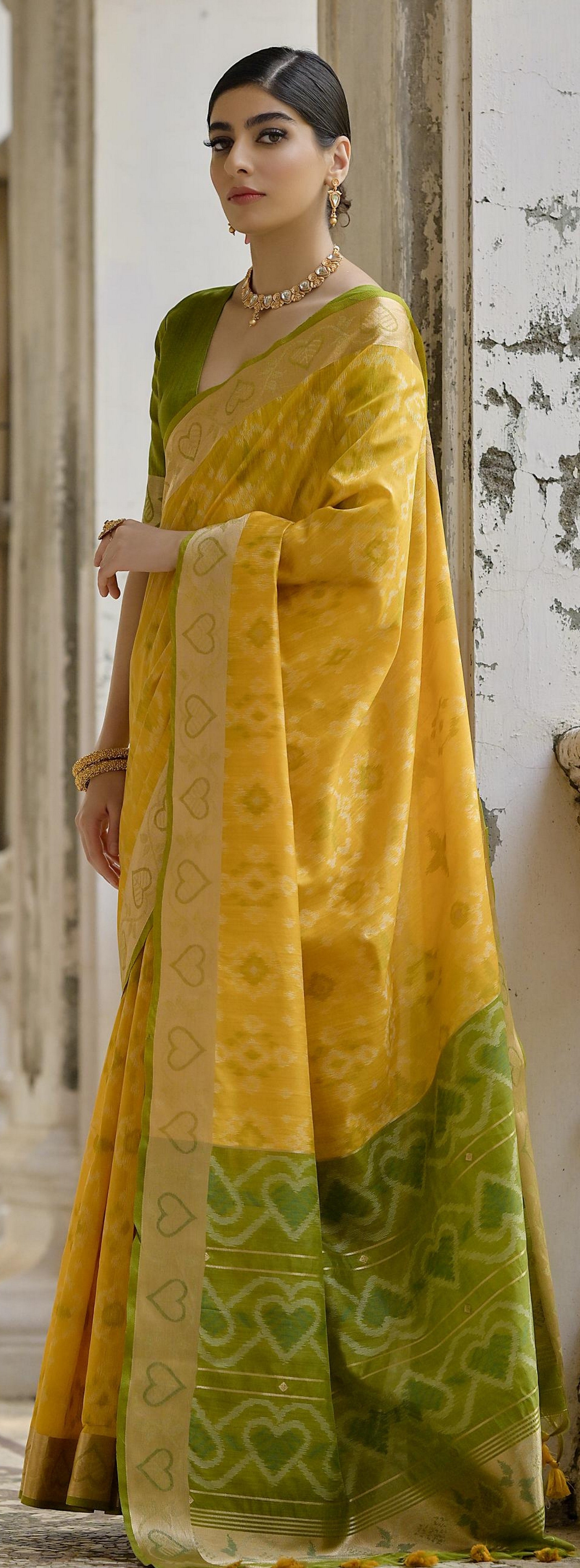 Yellow Raw Silk Woven Ikat Designer Ceremonial Saree