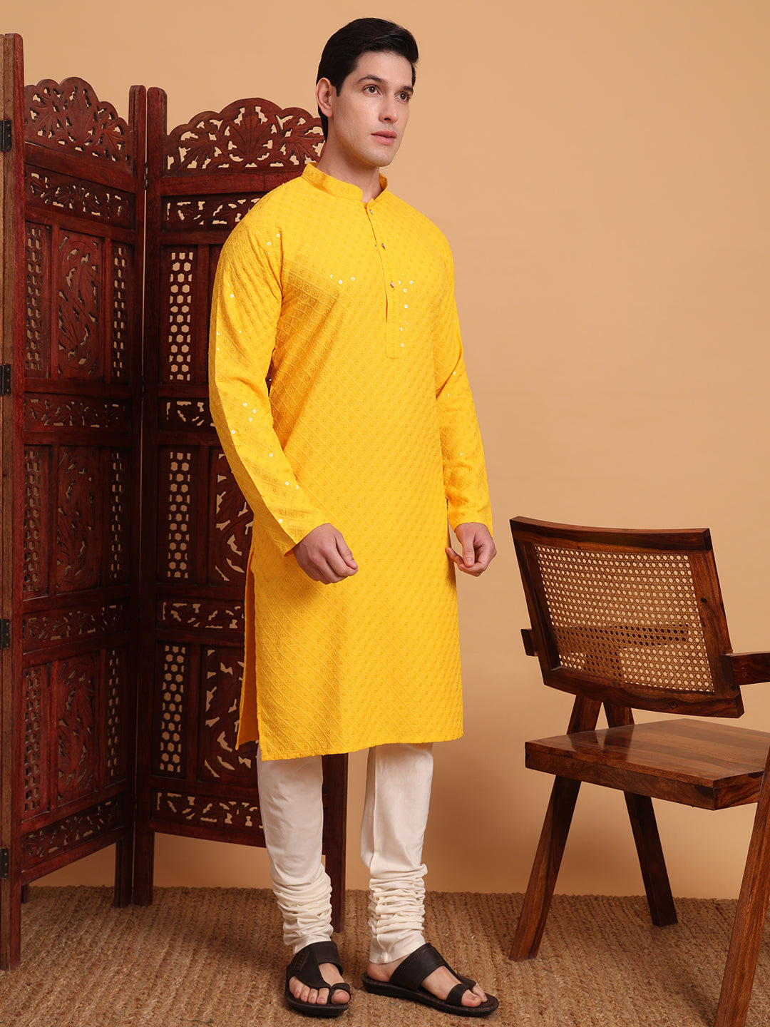 Yellow Rayon Chikankari Embroidered Traditional Kurta Pajama