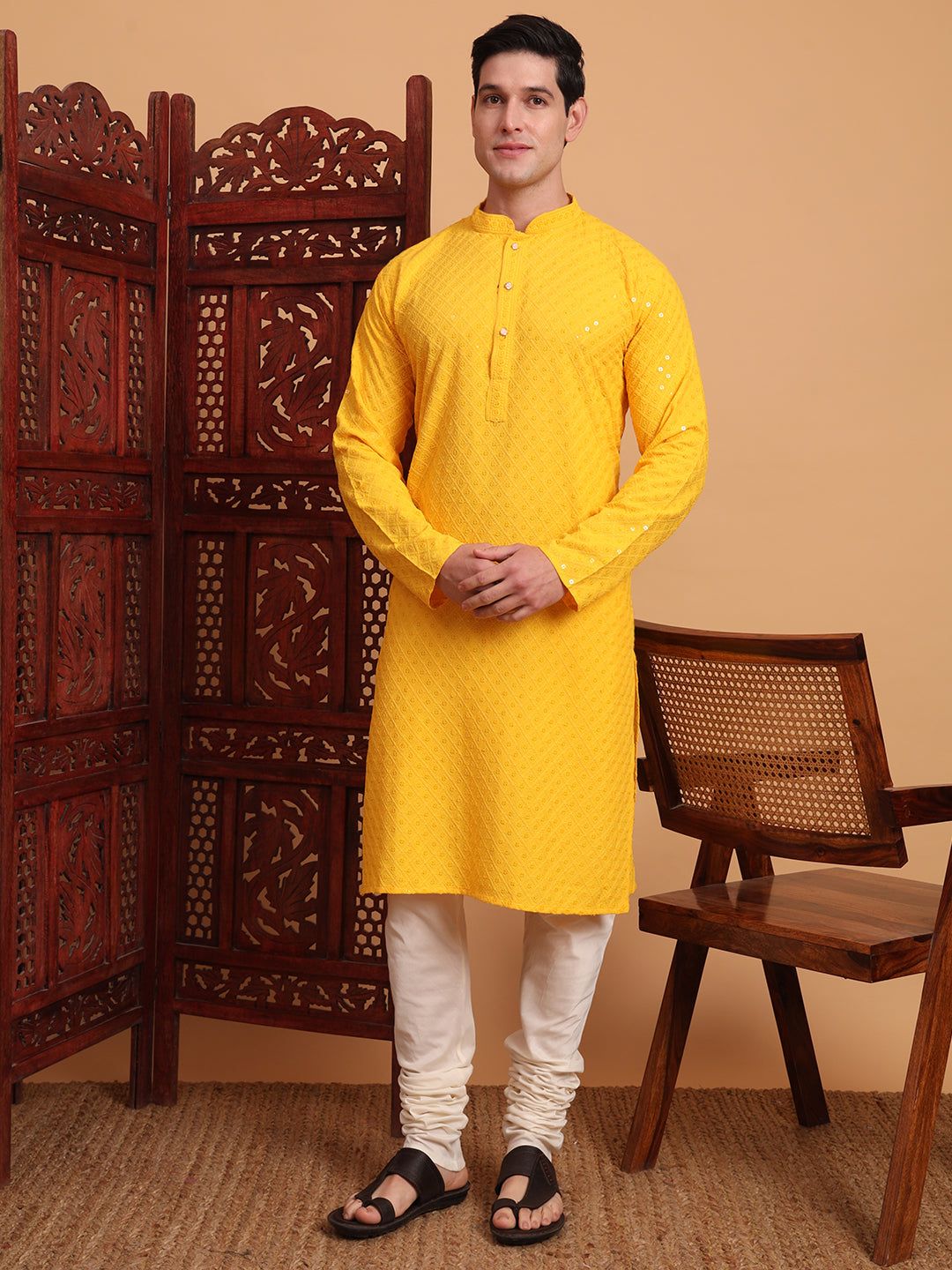 Yellow Rayon Chikankari Embroidered Traditional Kurta Pajama