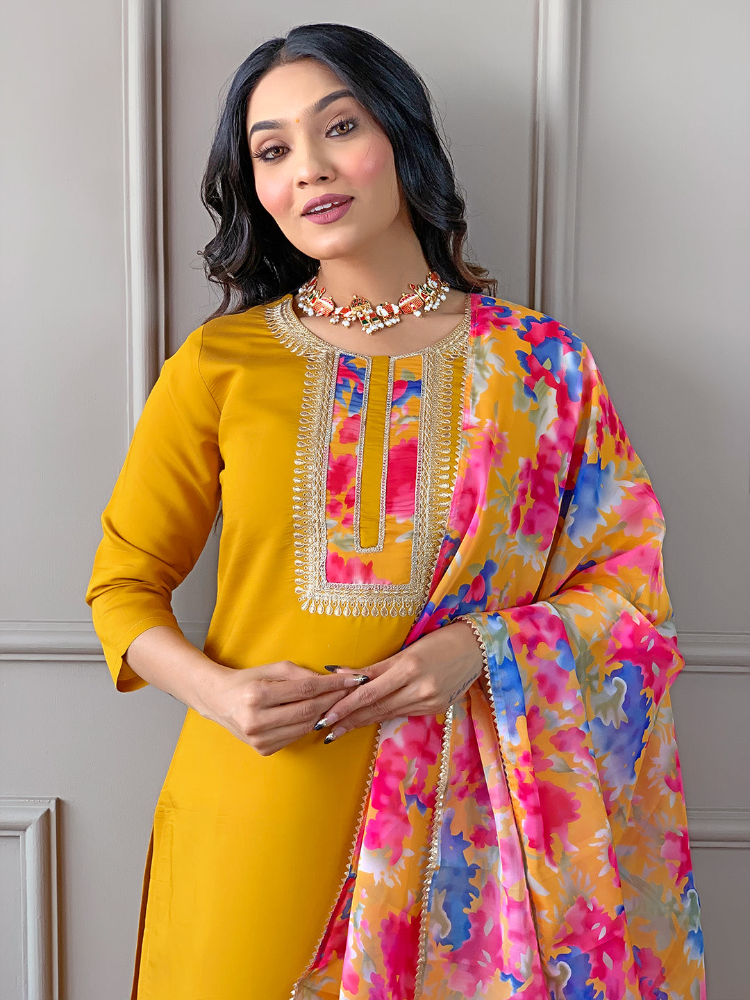 Yellow Rayon Elegant Kurta Pant Set With Embroidery Work
