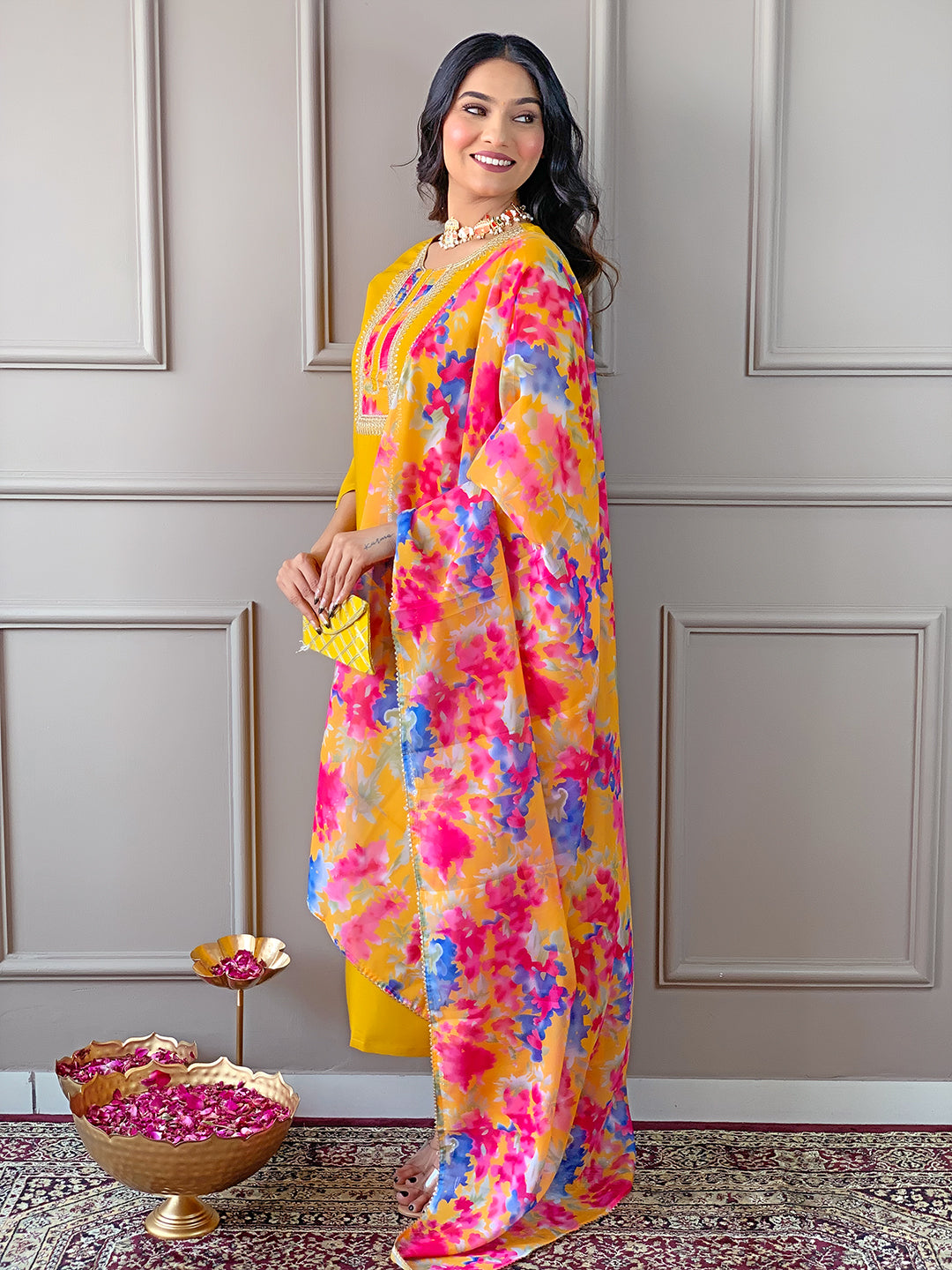 Yellow Rayon Elegant Kurta Pant Set With Embroidery Work
