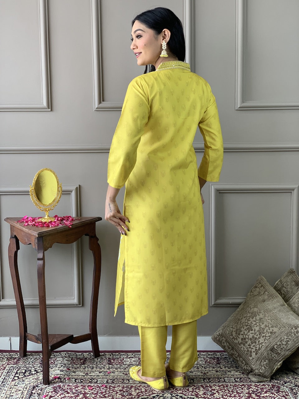 Yellow Rayon Elegant Kurta Pant Set With Print Embroidery Work