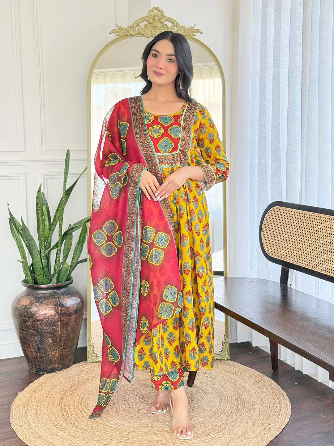 Yellow Rayon Elegant Kurta Pant Set With Print