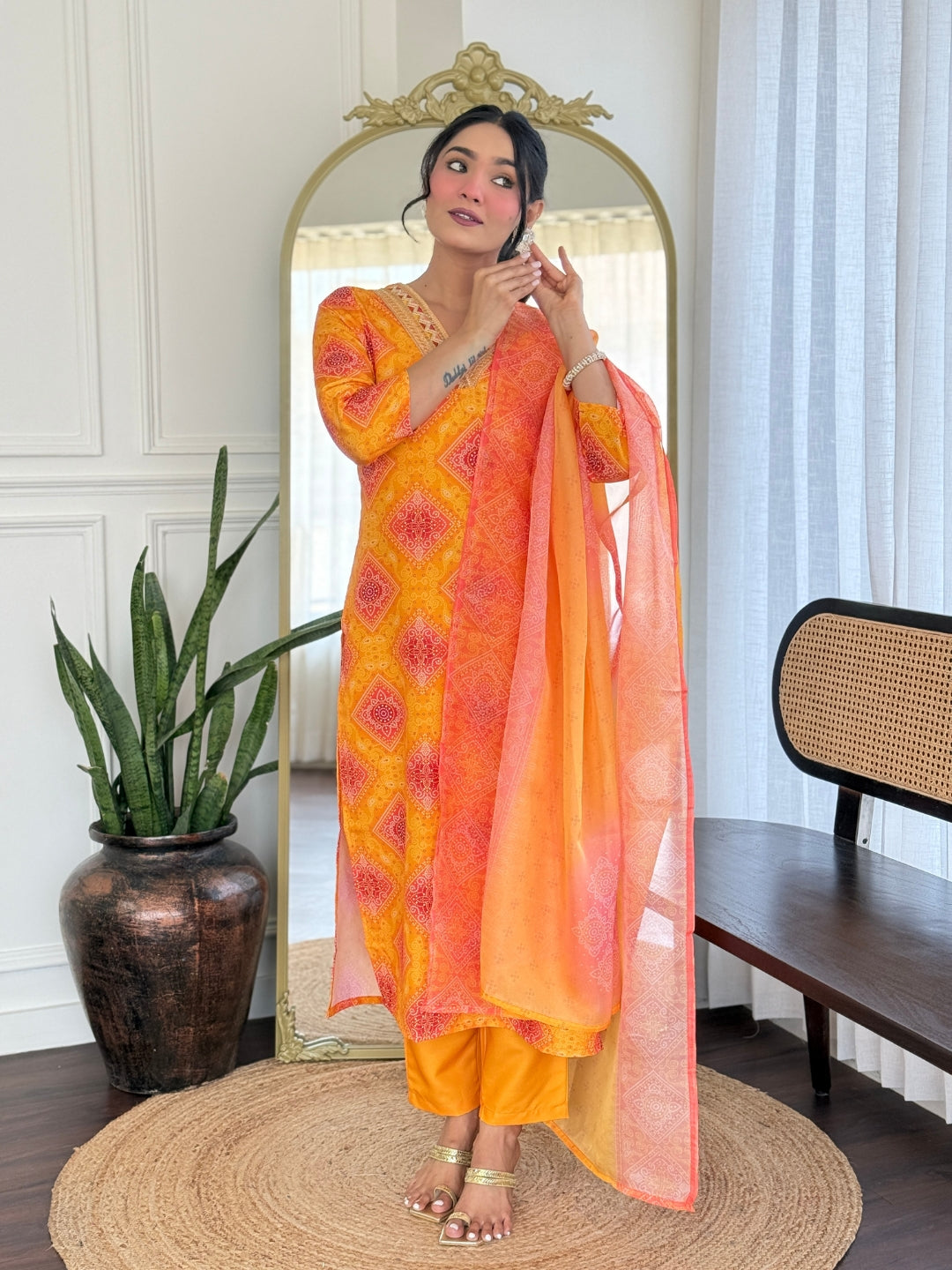 Yellow Rayon Elegant Kurta Pant Set With Print