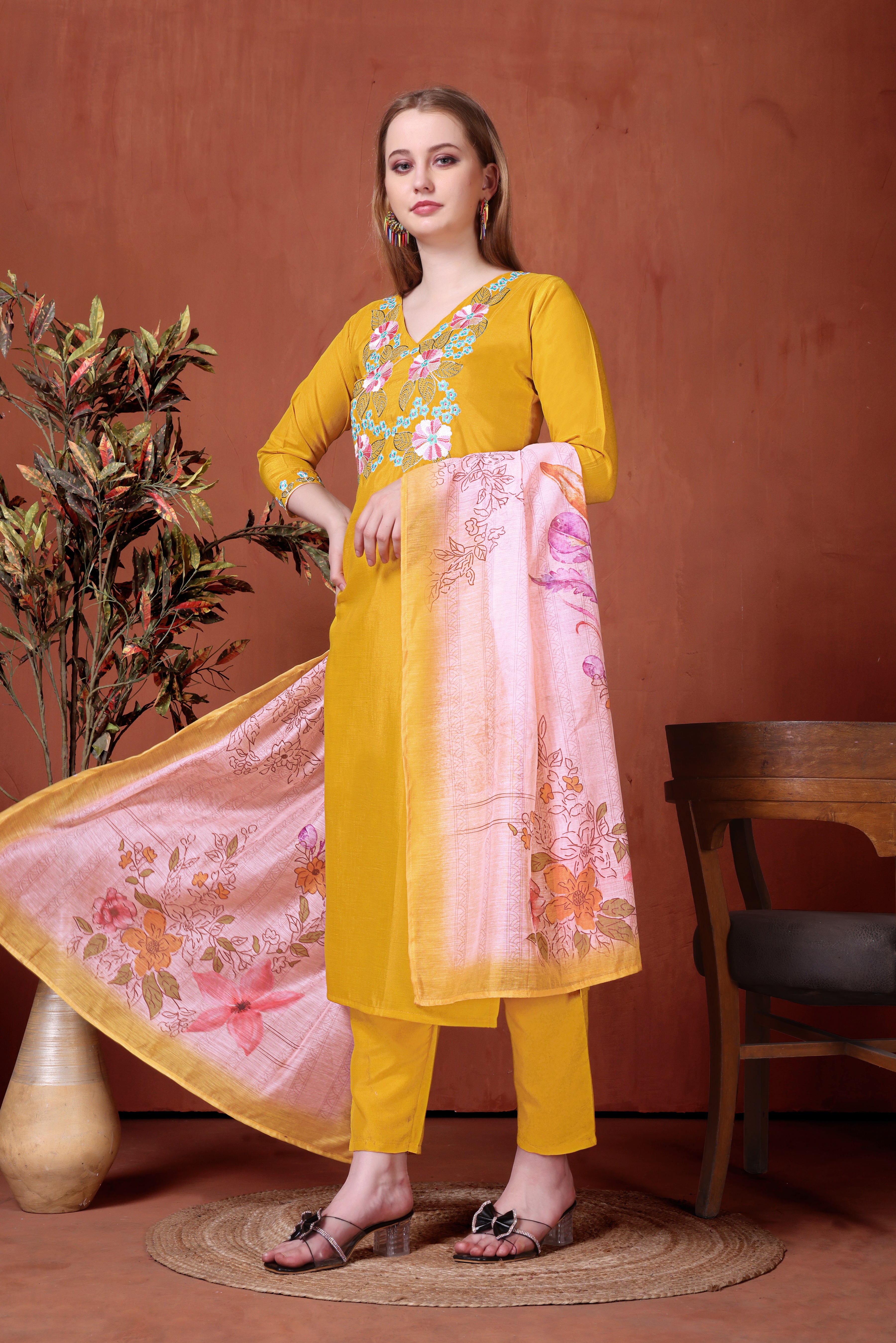 Yellow Rayon Kurta Pant Set With Heavy Thread Embroidery Work With Printed Dupatta