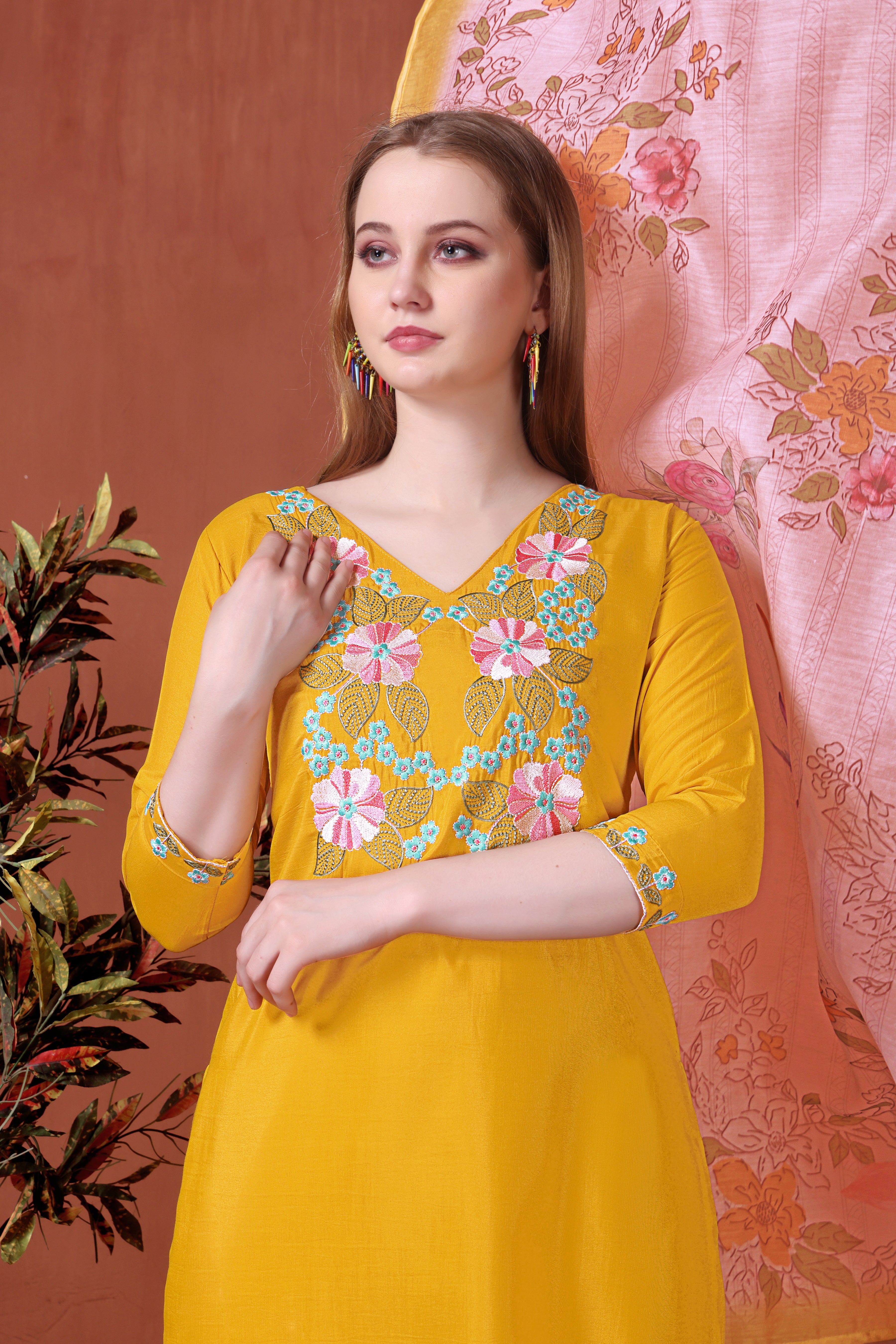 Yellow Rayon Kurta Pant Set With Heavy Thread Embroidery Work With Printed Dupatta