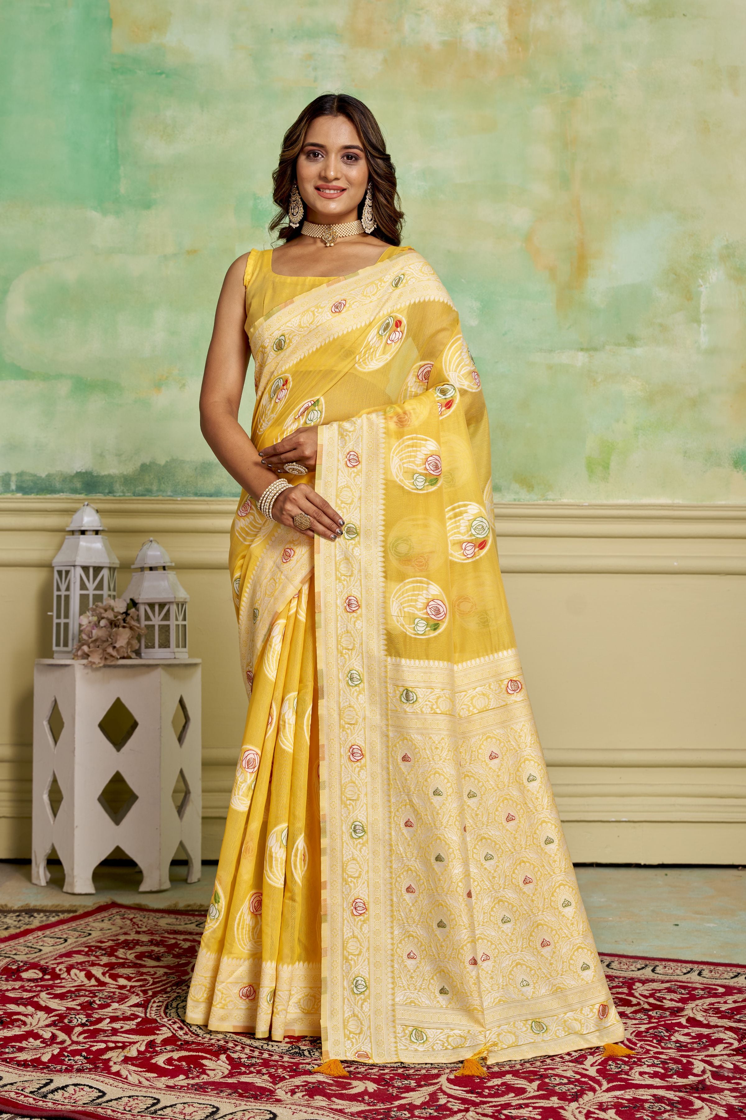 Yellow Rich And Elegant Woven Designer Cotton Fabric Saree
