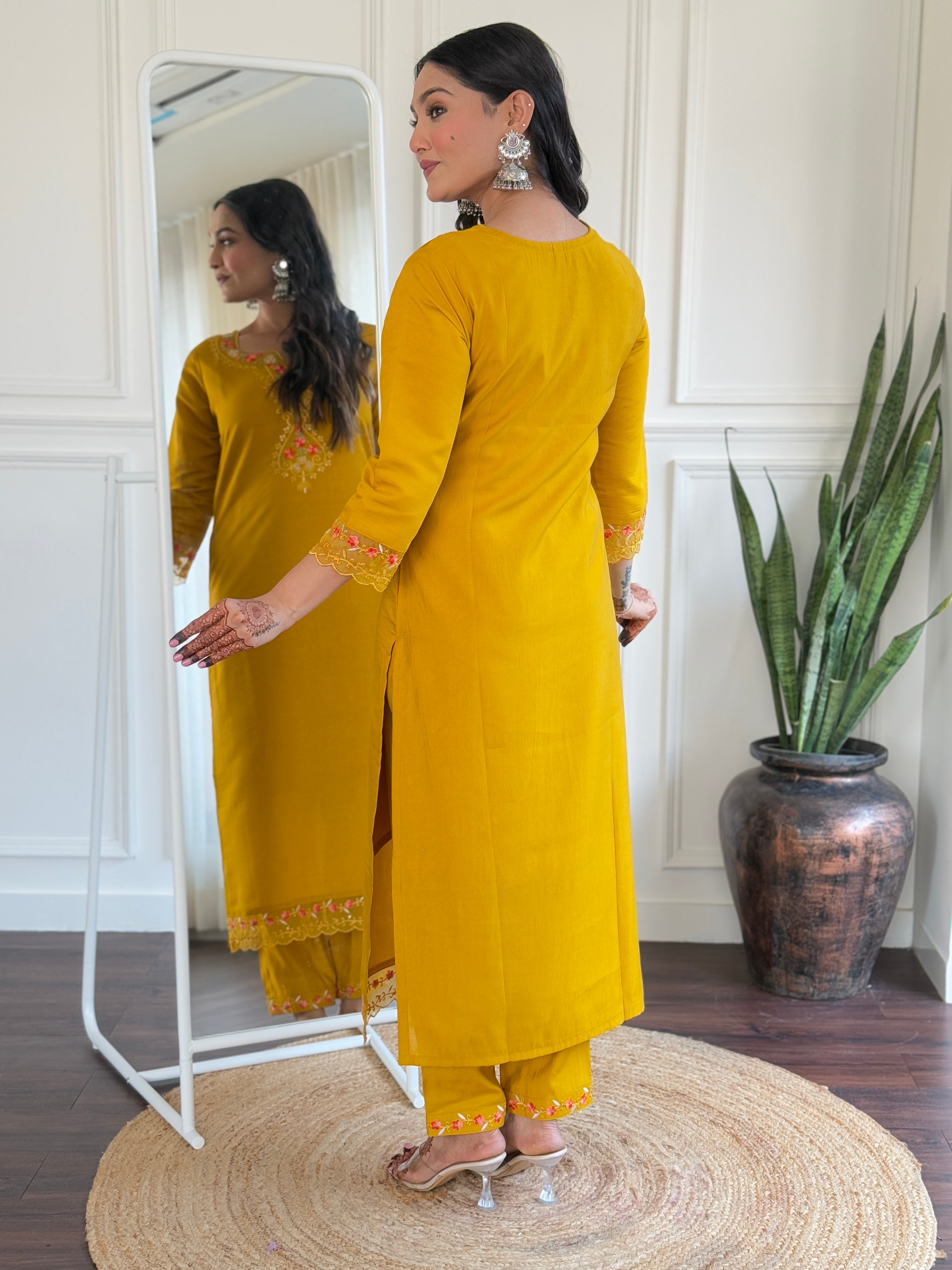 Yellow Roman Silk Elegant Kurta Pant Set With Embroidery Work