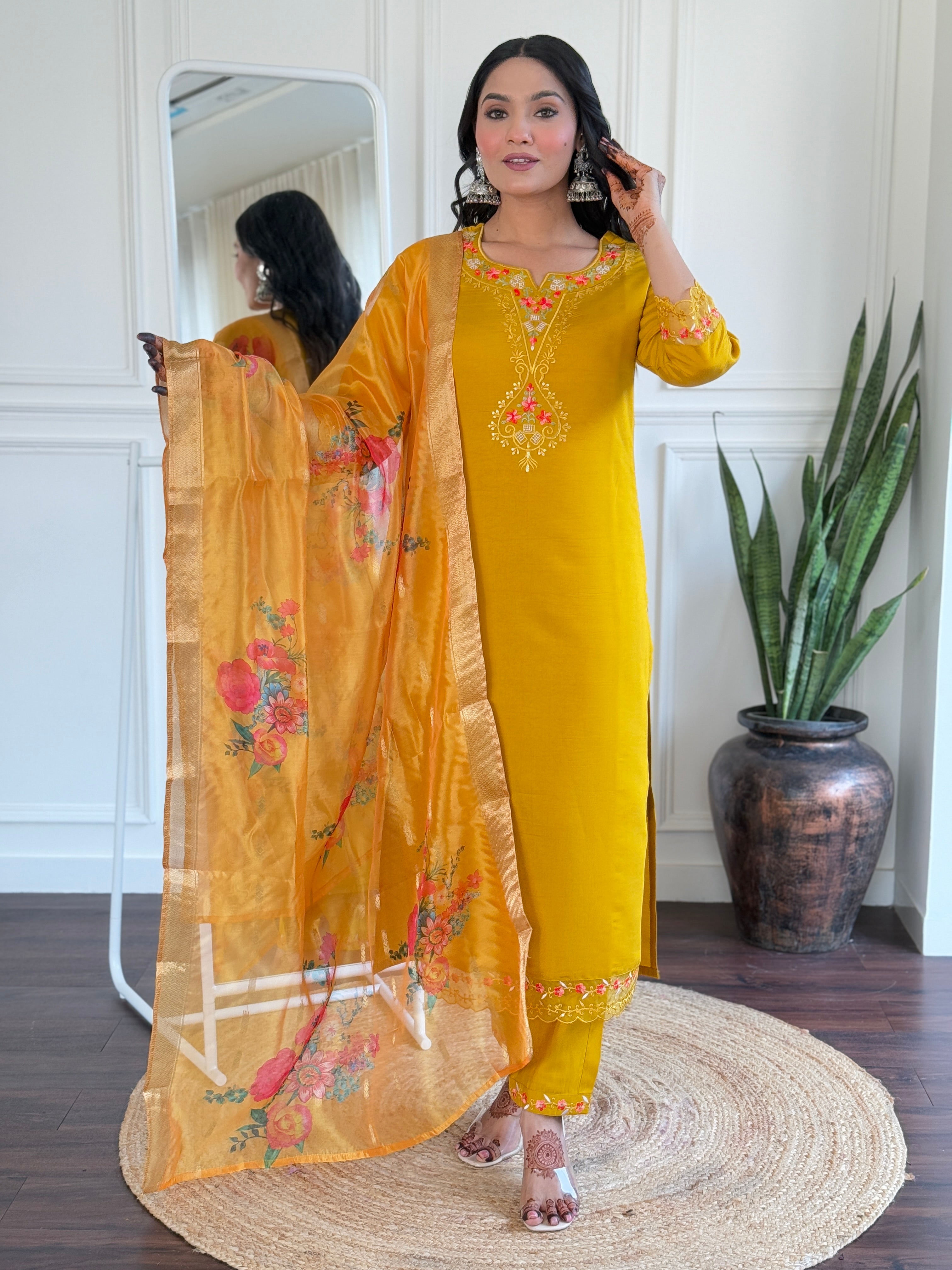 Yellow Roman Silk Elegant Kurta Pant Set With Embroidery Work