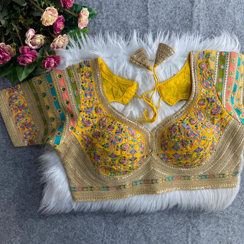 Yellow Sabyasachi Style Heavy Kashmiri Thread & Cording Work Fox Georgette Blouse for Women