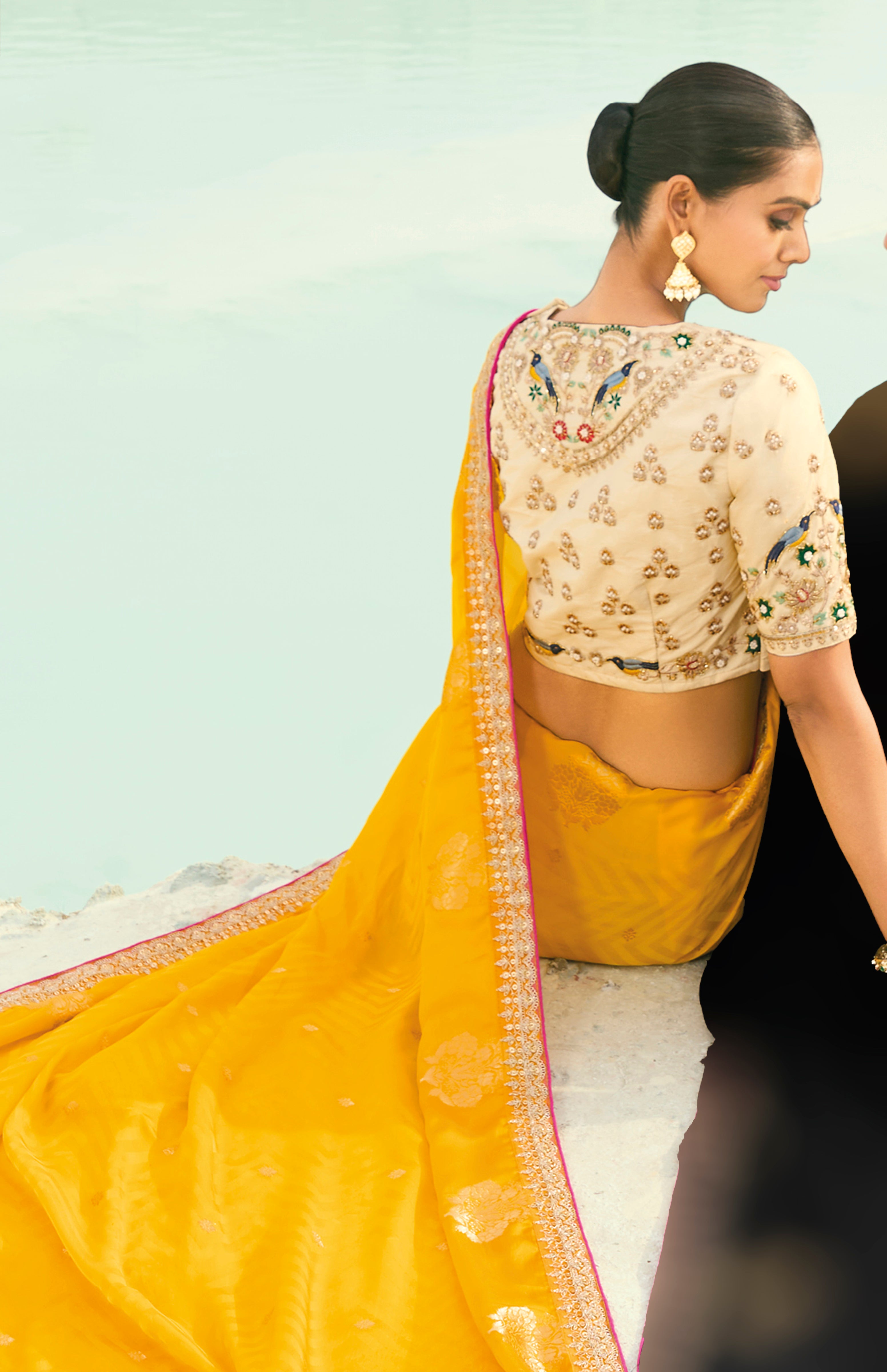 Yellow Saree With  Coding Border With Cut-Dana, Moti Heavy Work Blouse