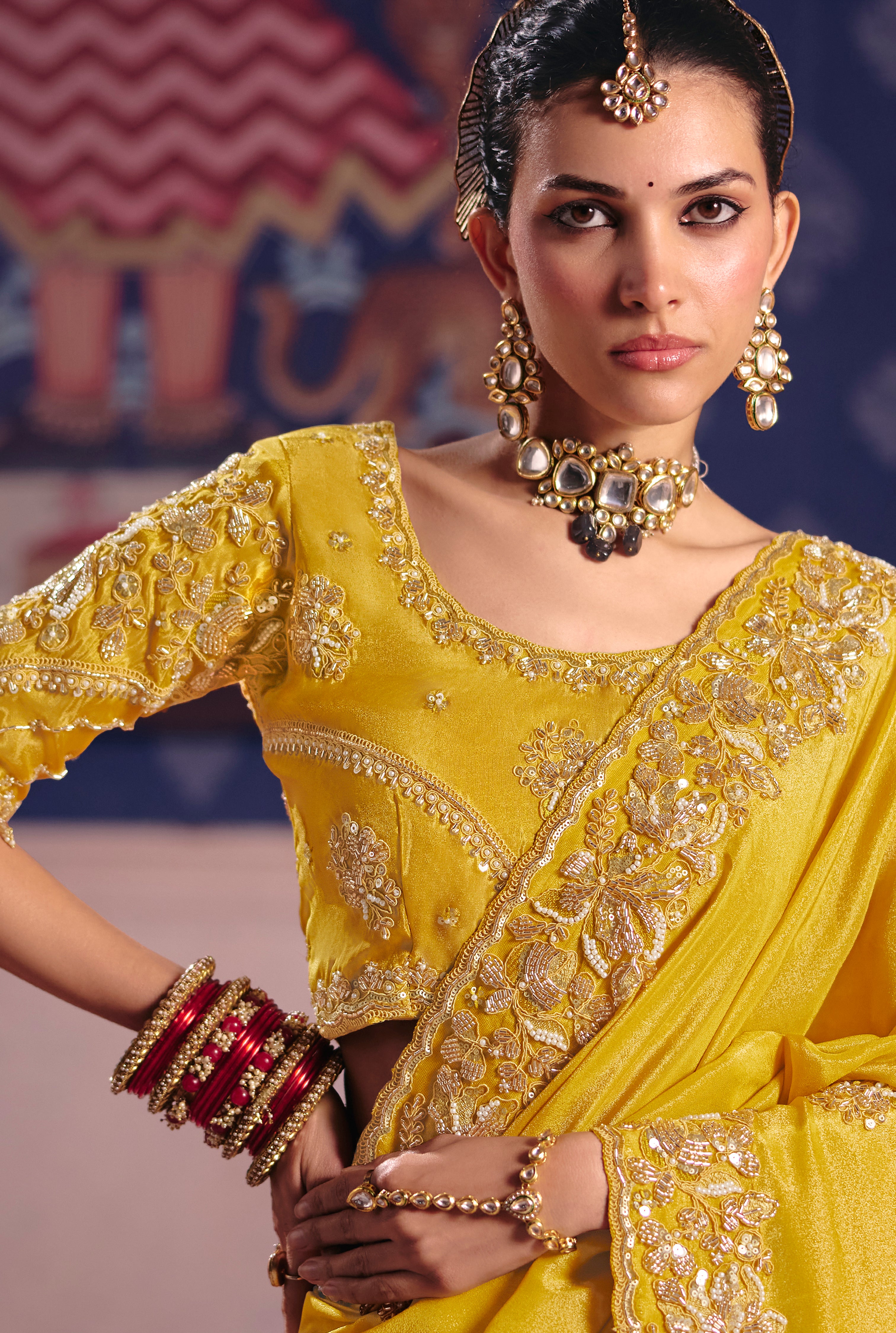 Yellow Saree With  Heavy Embroidery, Beads With Sequince Work