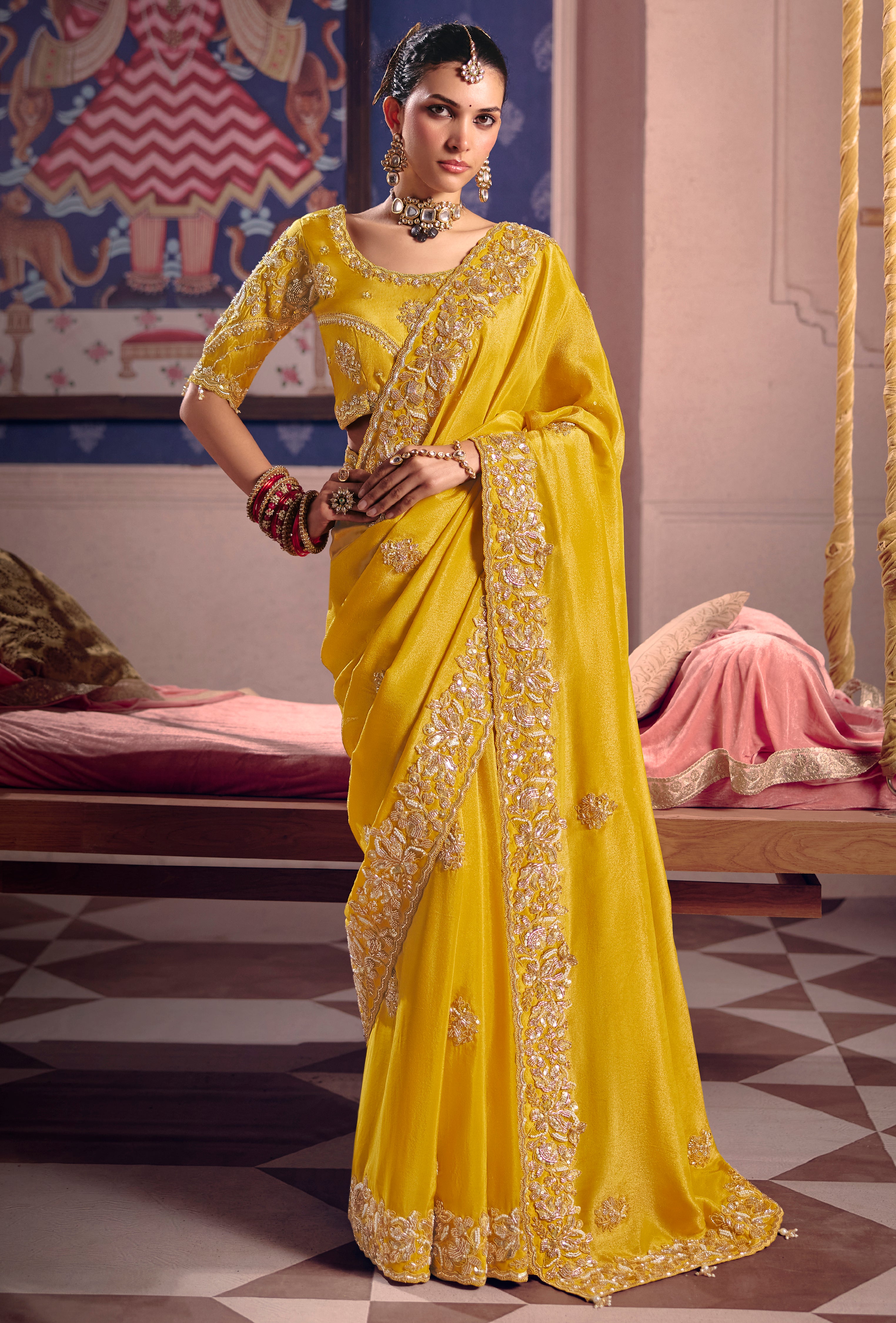 Yellow Saree With  Heavy Embroidery, Beads With Sequince Work