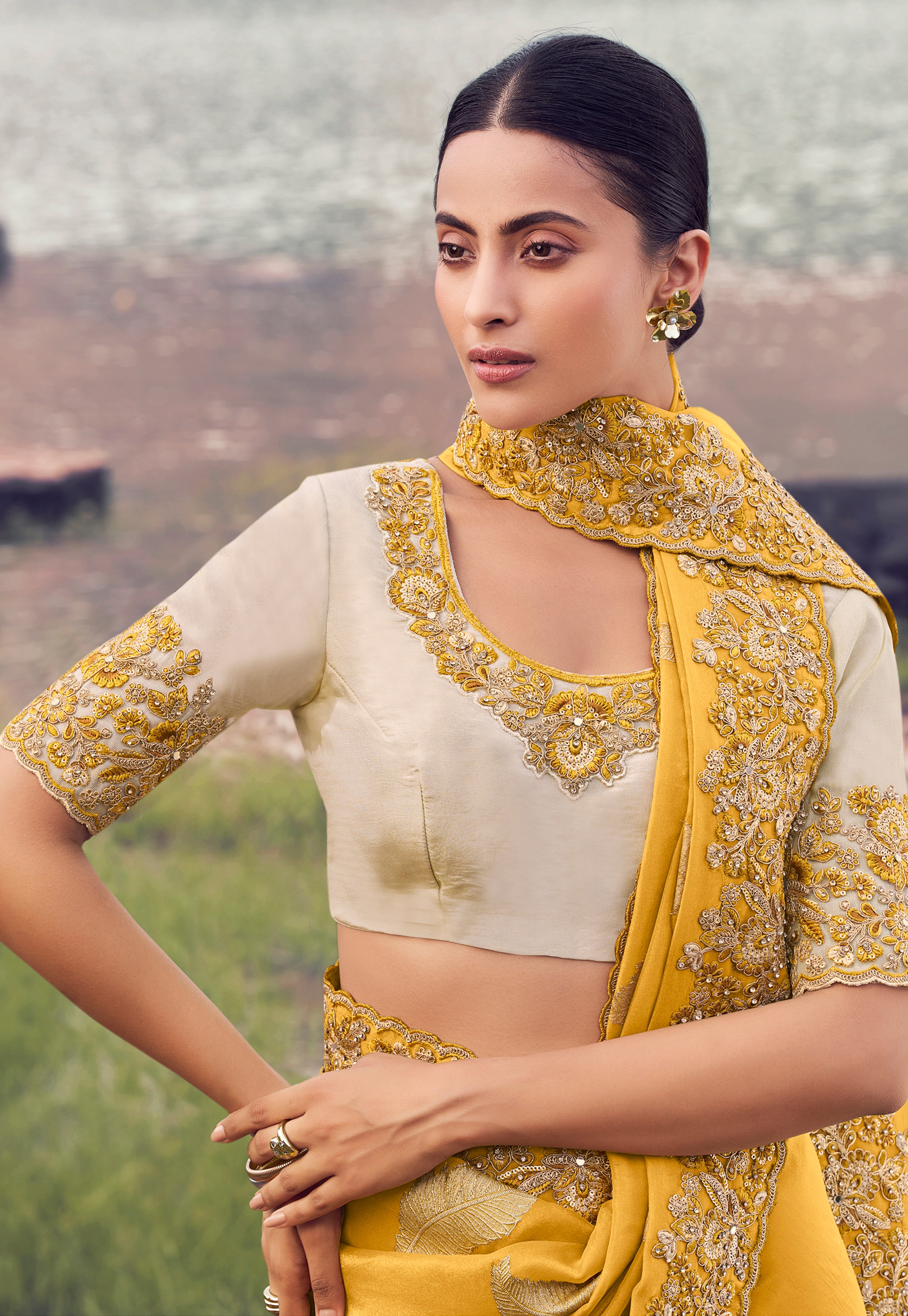 Yellow Saree With  Jacquard Woven With Embroidered Border & Blouse
