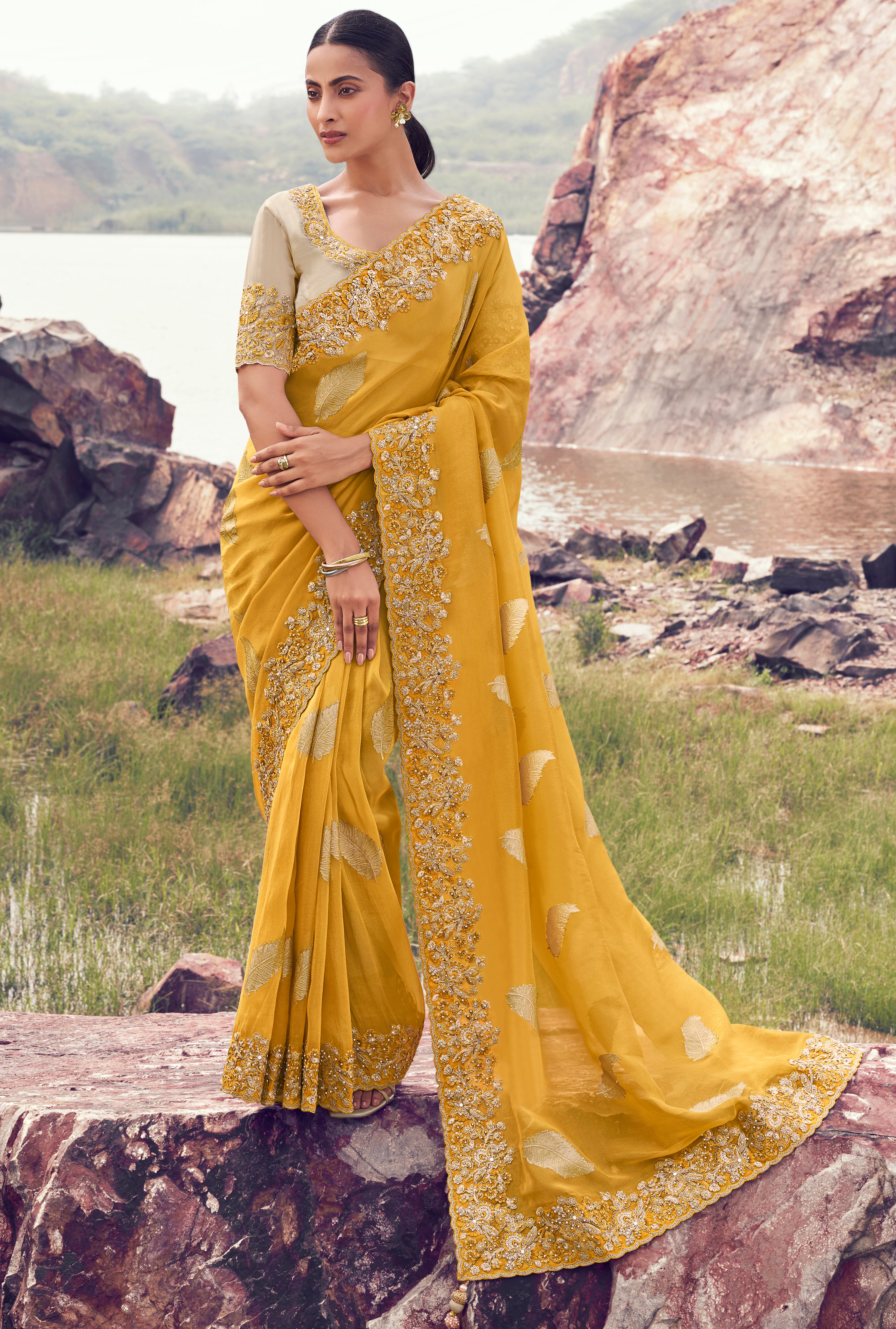 Yellow Saree With  Jacquard Woven With Embroidered Border & Blouse